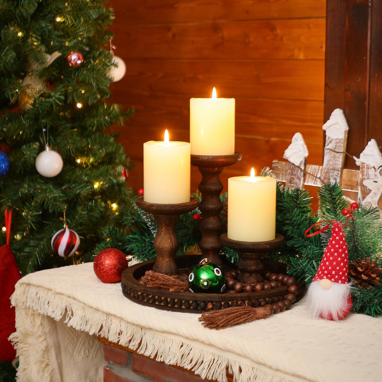 Reallnaive 8 Pcs Farmhouse Wood Candle Holders with Pillar Candles Set Wooden Rustic Candle Holders Round Decorative Serving Tray Bead Garland with Natural Wood Tassels for Table Centerpiece (Brown)