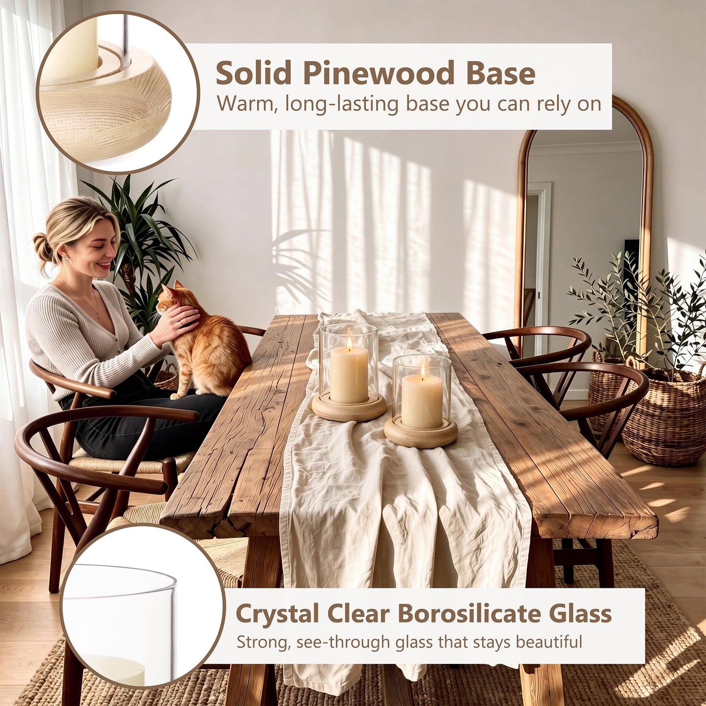 Set of 2 Hurricane Glass Candle Holders with Natural Brown Wood Base Decorative Candle Lantern, Farmhouse Rustic Boho Table Centerpieces Decor for Living Room, Outdoor Home Decor