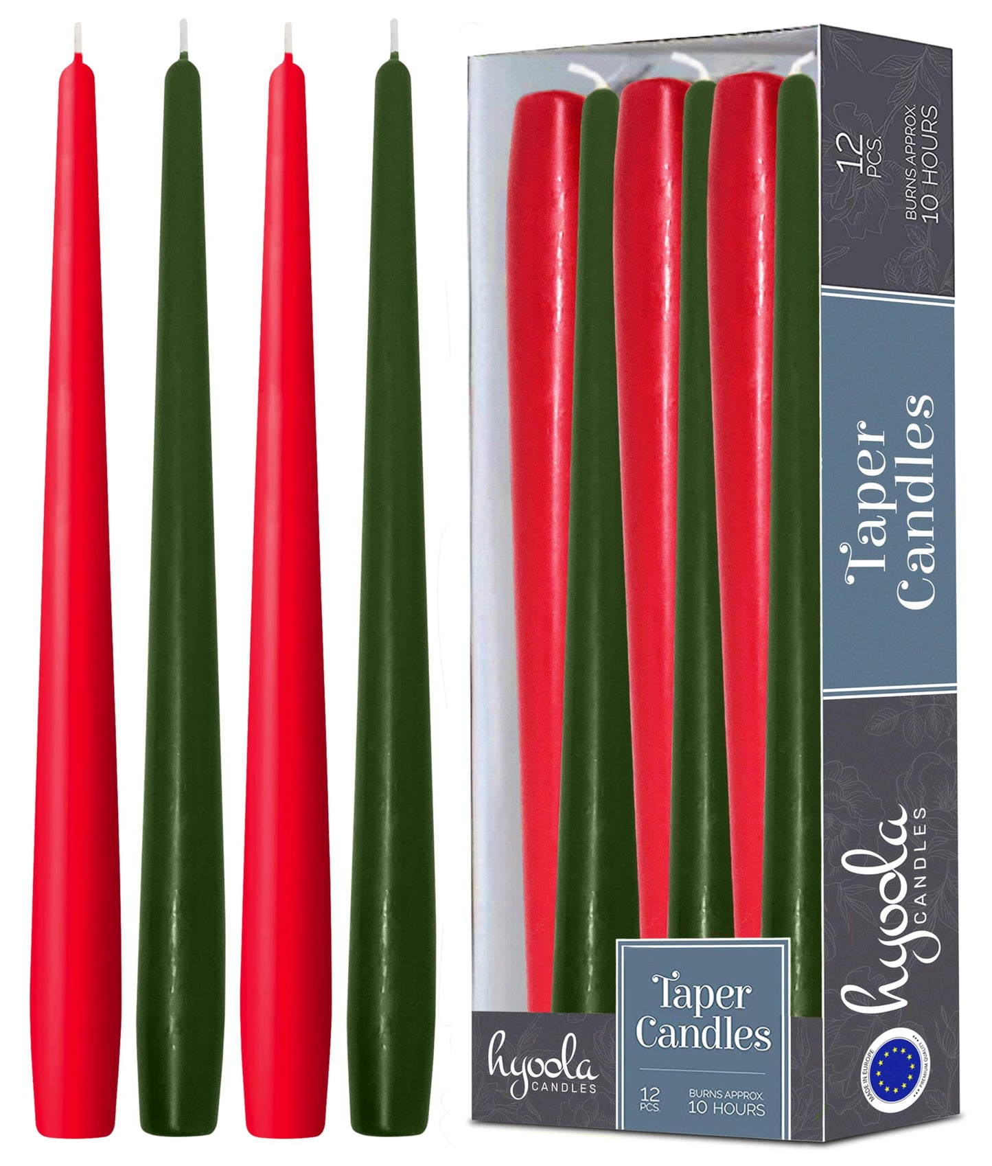 Hyoola Christmas Candles - Green and Red Taper Candles 12 Inch Dripless, 12 Pack Unscented Holiday Candles - European Made