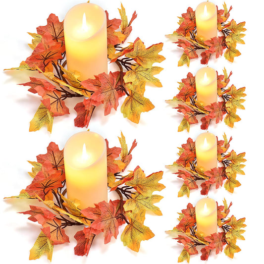 IWNTWY 6Pcs Fall Candle Rings Wreaths, Artificial Maple Leaf Candle Ring for Pillar Candle Holder, Thanksgiving Halloween Home Party Table Centerpieces, Door, Wall, Window Decor (Yellow)