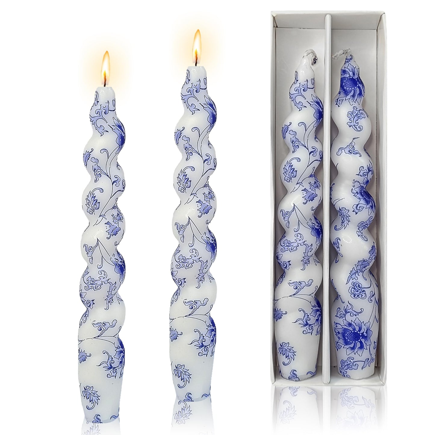 Spiral Candles Printed Candlestick 7.5 inch Short Taper Candle Blue &White Twisted Candlesticks 2 PCS Tapered Candles for Home Wedding Dinner Holiday Party