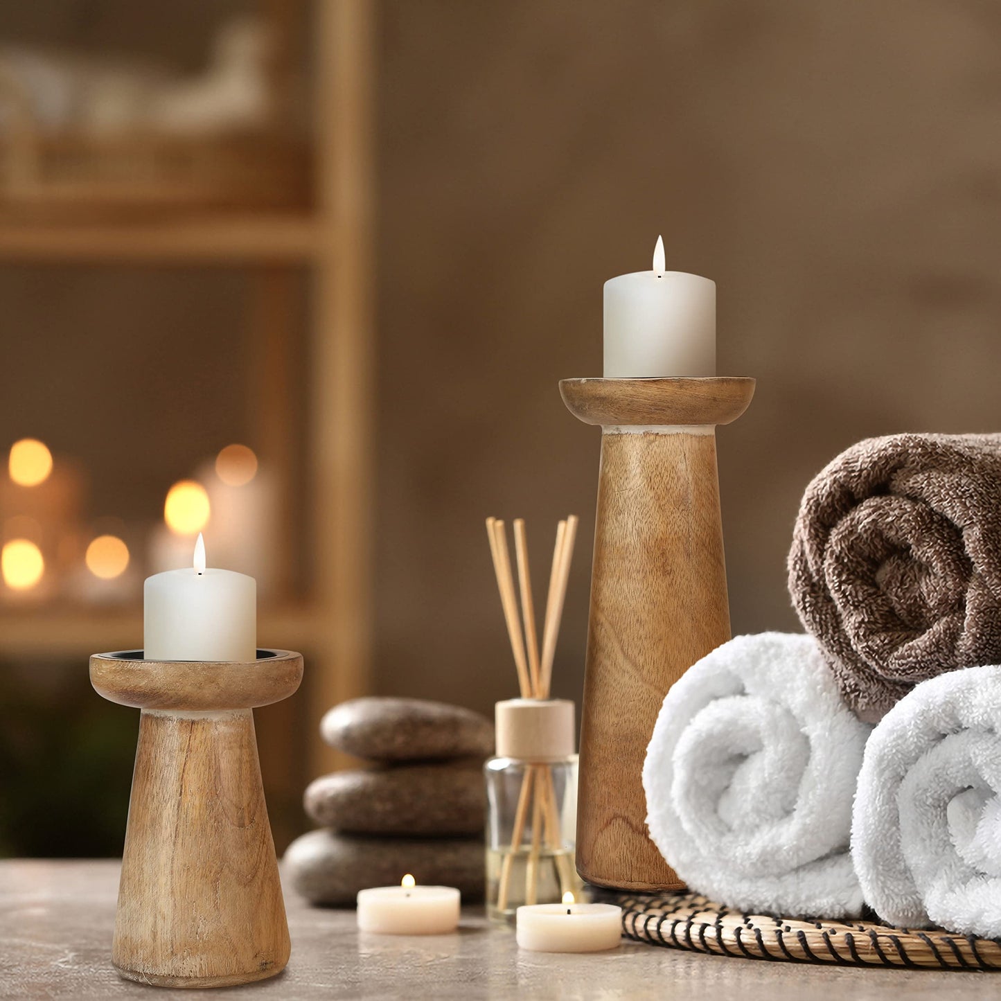 Hand Crafted Wooden Pillar Candle Holder Set of 3, Ideal for LED and Pillar Candle, Gift for Wedding, Christmas, Party, Home, Spa, Reiki, Aromatherapy, Votive Candle Garden - 10,8,6 Inch - White Wash