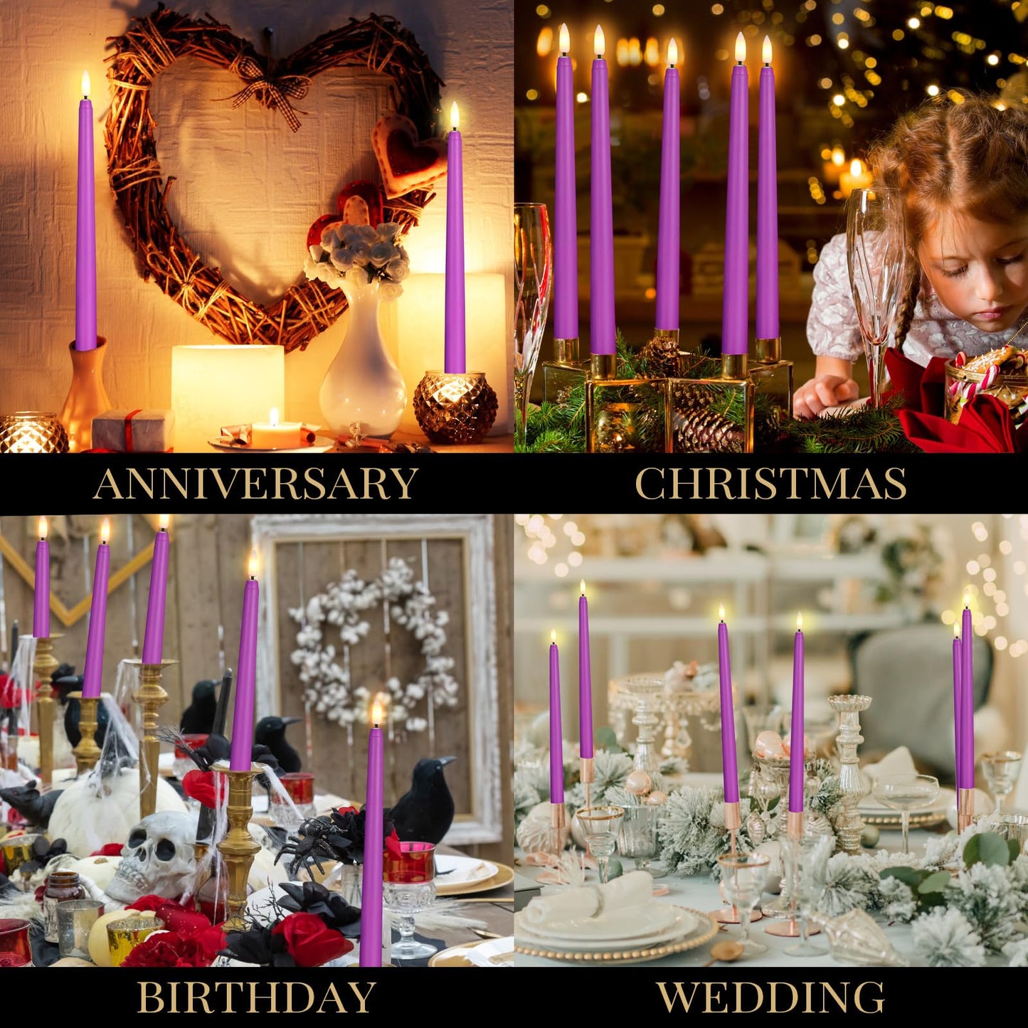 Macarrie 24 Packs Flameless Taper Candles Battery Operated Fake 11 Inch Long Candle Light LED Flameless Candlesticks Flickering Tapered for Wedding, Halloween, Christmas(Purple)