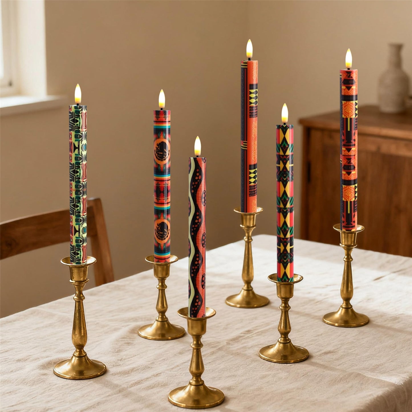 Gedengni African LED Candles Flameless Candlesticks-6pcs Timer Traditional Tribal Battery Operated Candle Remote Floral LED Taper Candles Lights for Home Wedding Party Dinner Windows Decor-P6AFRI