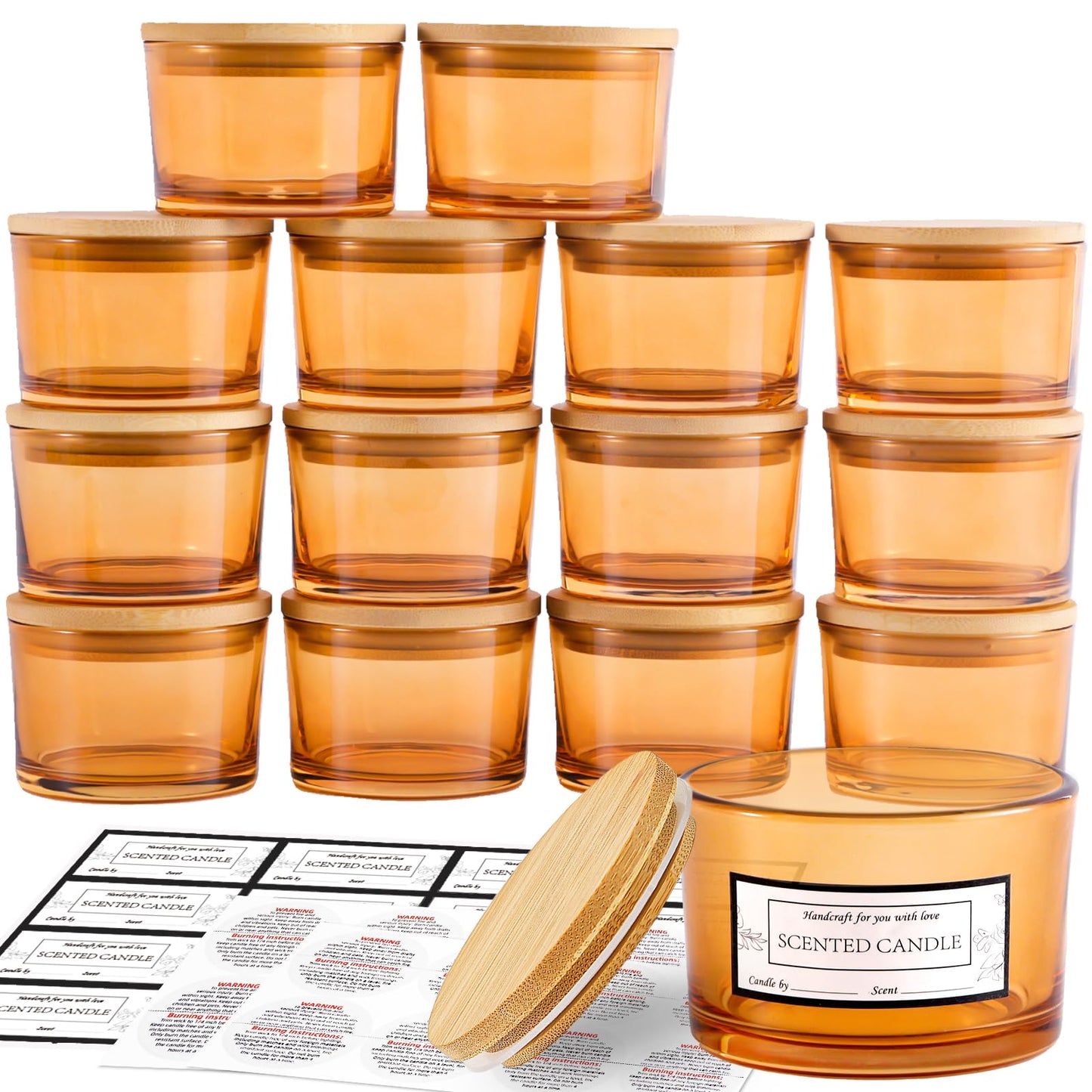 CONNOO 15 Pack 4oz Orange Glass Candle Jars with Airtight Bamboo Lids for Making Candles, Bulk Small Wide Mouth Empty Candle Containers with Sticky Warning Labels - Dishwasher Safe