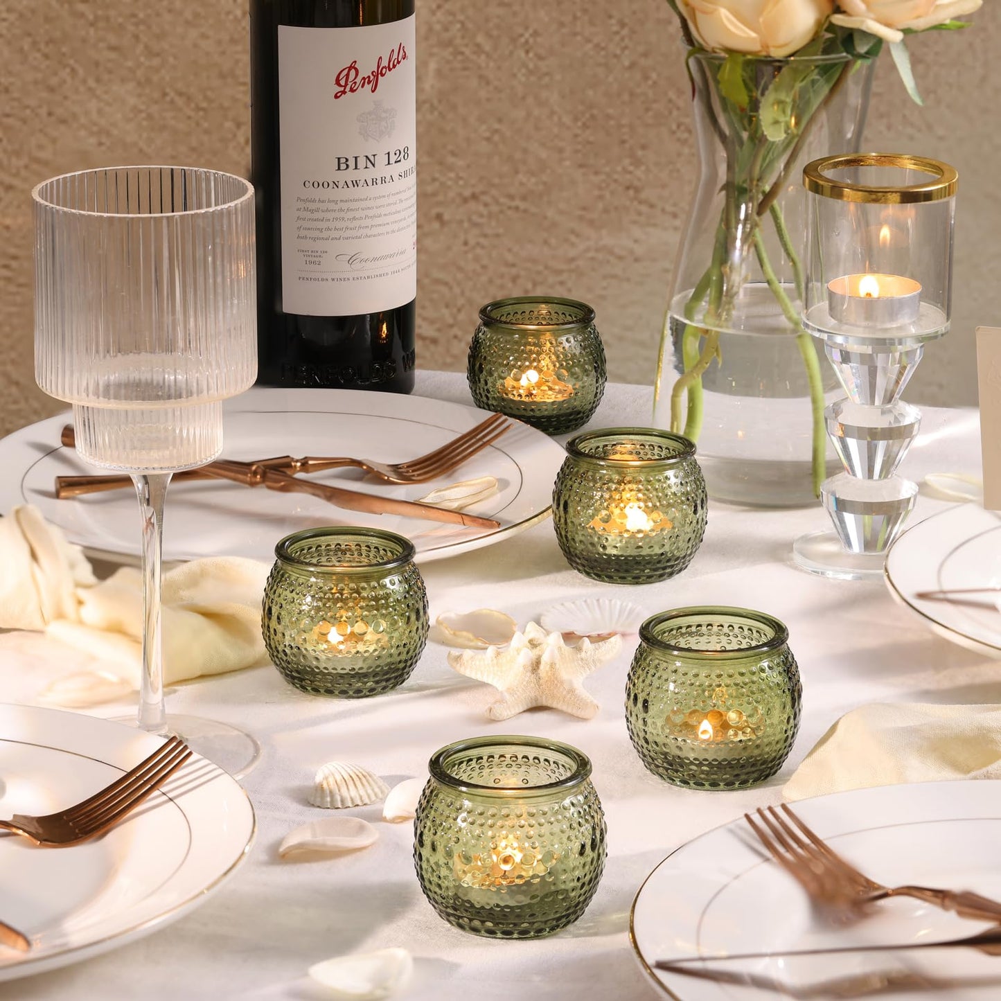 16 Pcs Green Votive Candle Holders, Round Glass Tea Lights Holder with Polka Dot Embossed, Votive Candle Holders for Weddings, Home Decor, Baby Shower, Special Occasions