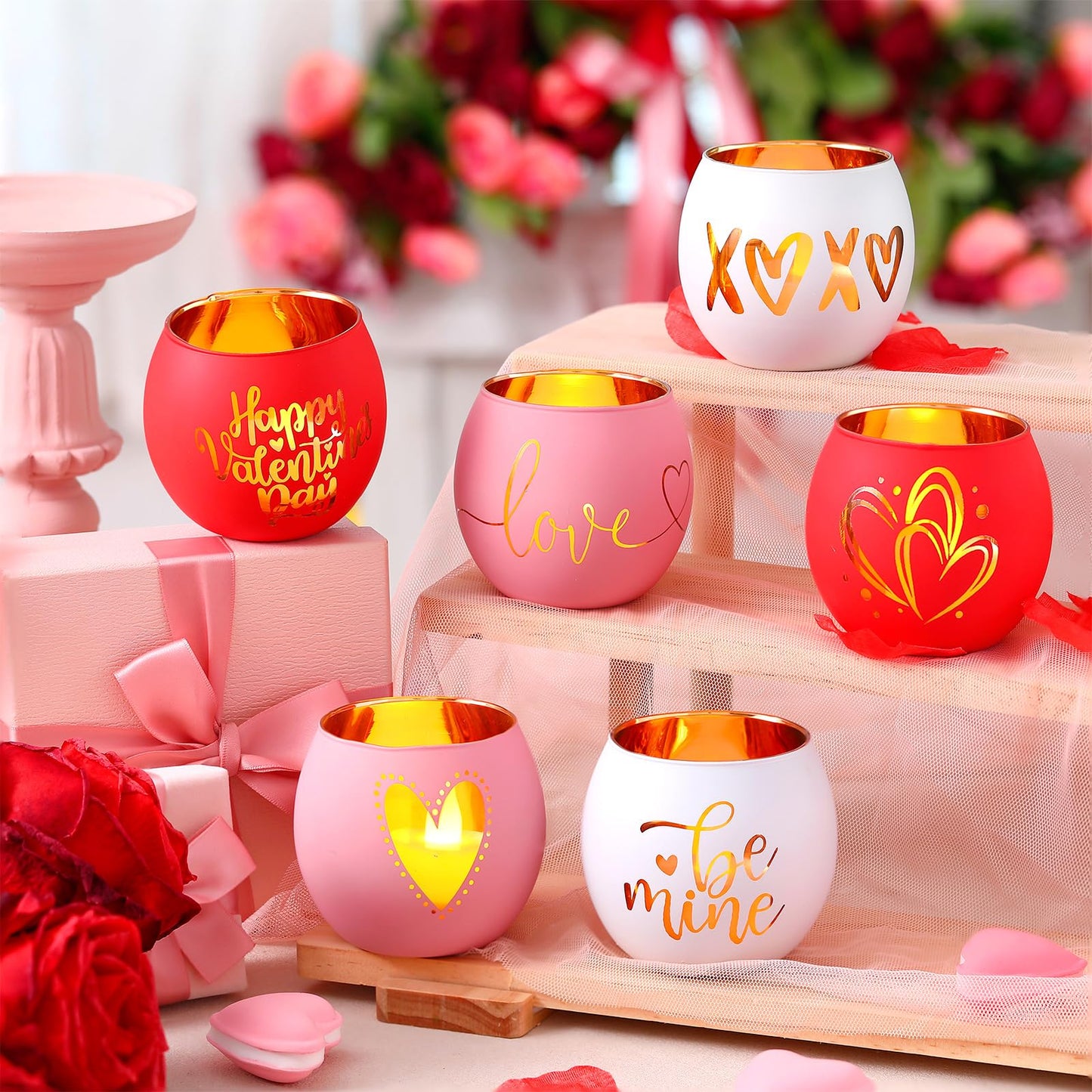 FoldTier 6 Pcs Valentines Candle Holders Love Glass Tealight Votive Candle Holder for Table Centerpiece Valentine's Day Wedding Party Decoration Home Tabletop Decor Gift