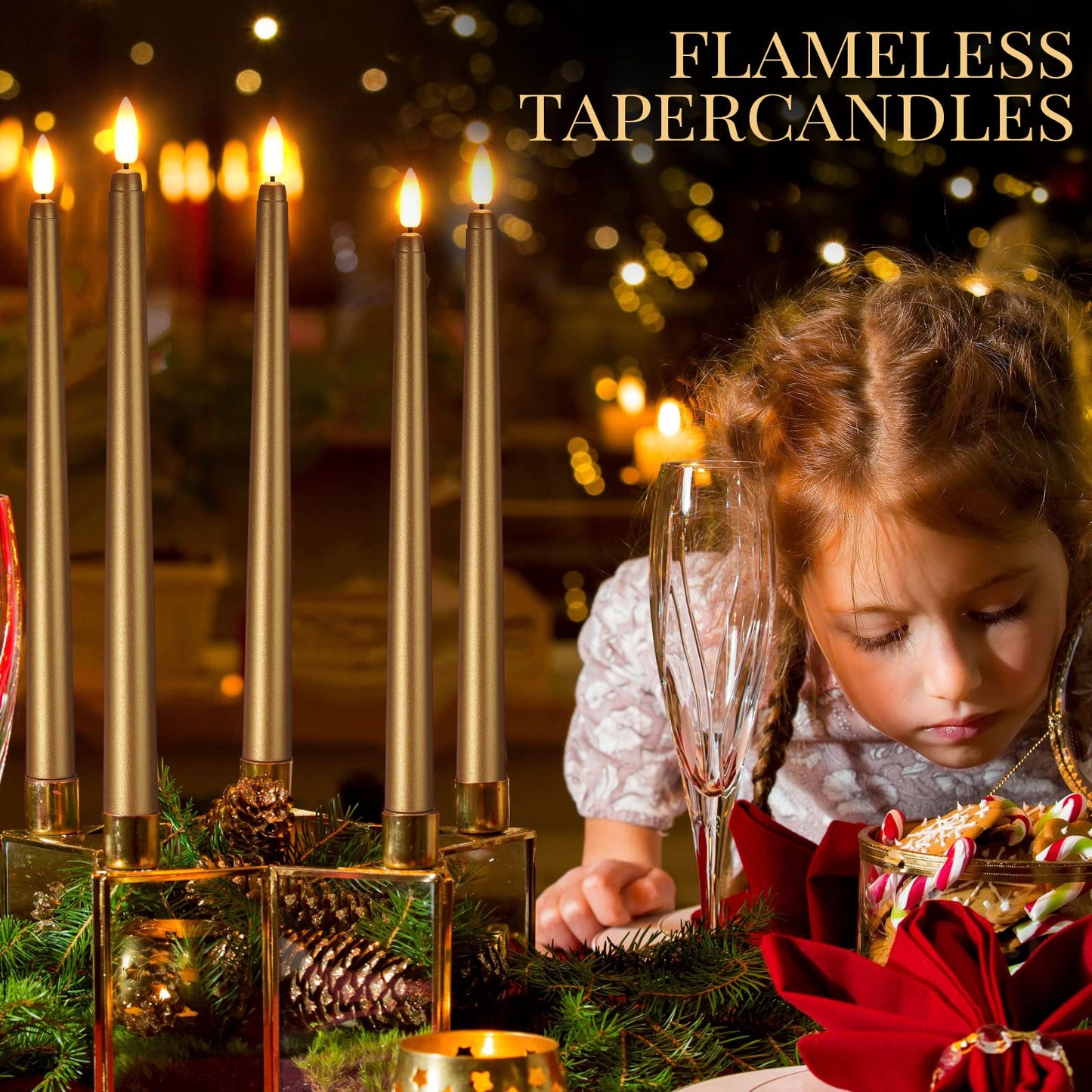 Macarrie 24 Packs Flameless Taper Candles Battery Operated Fake 11 Inch Long Candlelight LED Flameless Candlesticks Flickering Tapered for Spring Summer Wedding(Gold)