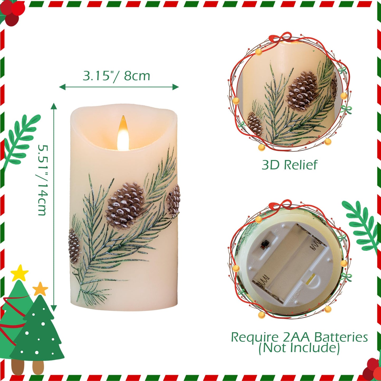 SEHNSY Christmas Tree Flameless Candles with Remote and Timer, Real Wax LED Pillar Candle with Flickering Flame, Embossed Design, Battery Operated Candles Xams Holiday Home Décor