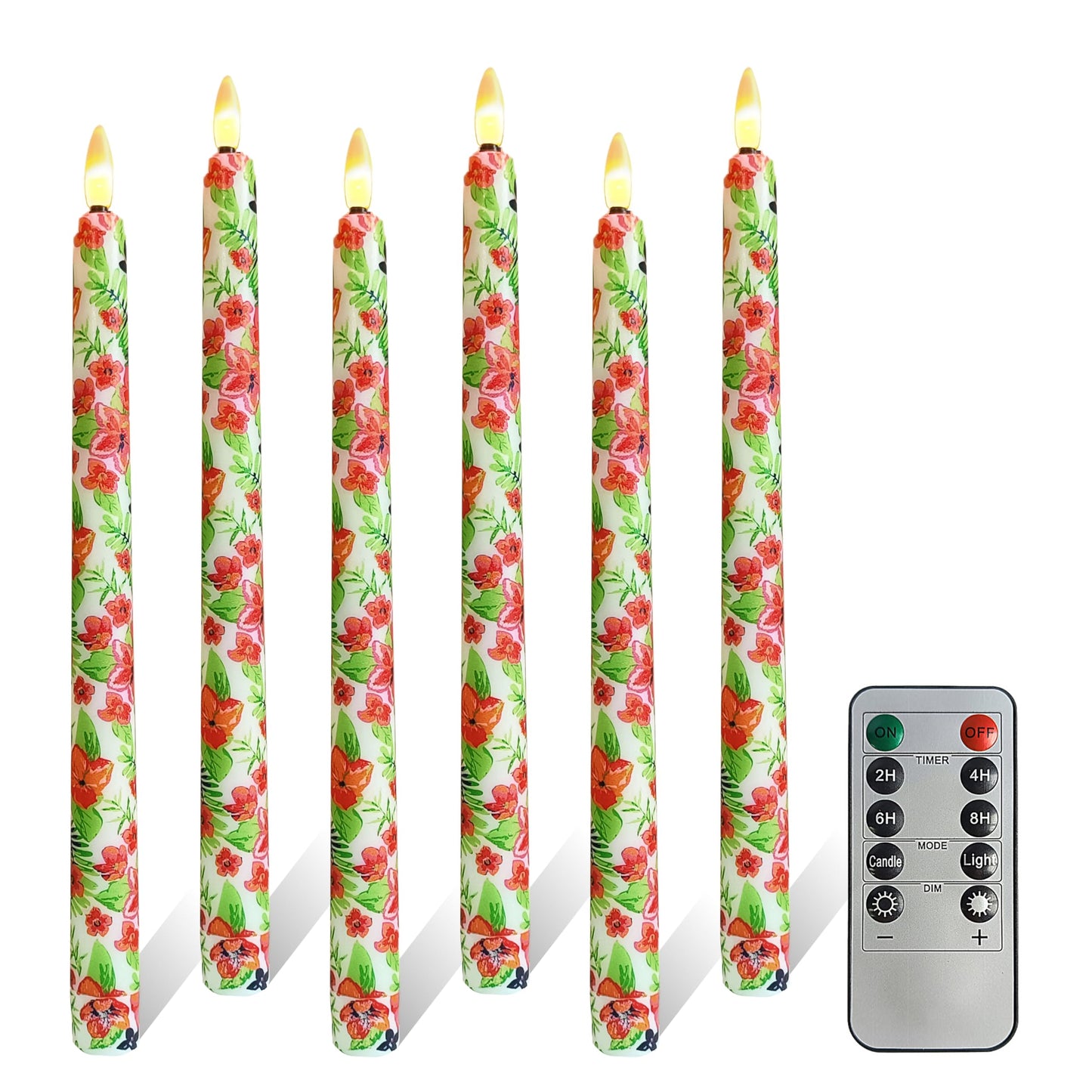 FCMSHAMD 6PCS Tropical Flower Flameless Taper Candles, 11 Inch LED Candlesticks Battery Operated with 11-Key Remote and Timer, 3D Flickering Flame Lights for Wedding Party Home Decor Gifts