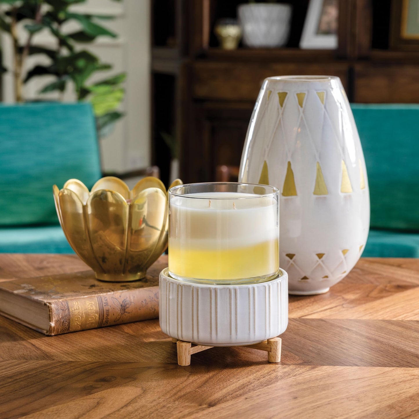 Candle Warmers ETC 2-in-1 Candle and Fragrance Warmer for Warming Scented Candles or Wax Melts and Tarts with to Freshen Room, Ceramic and Wood