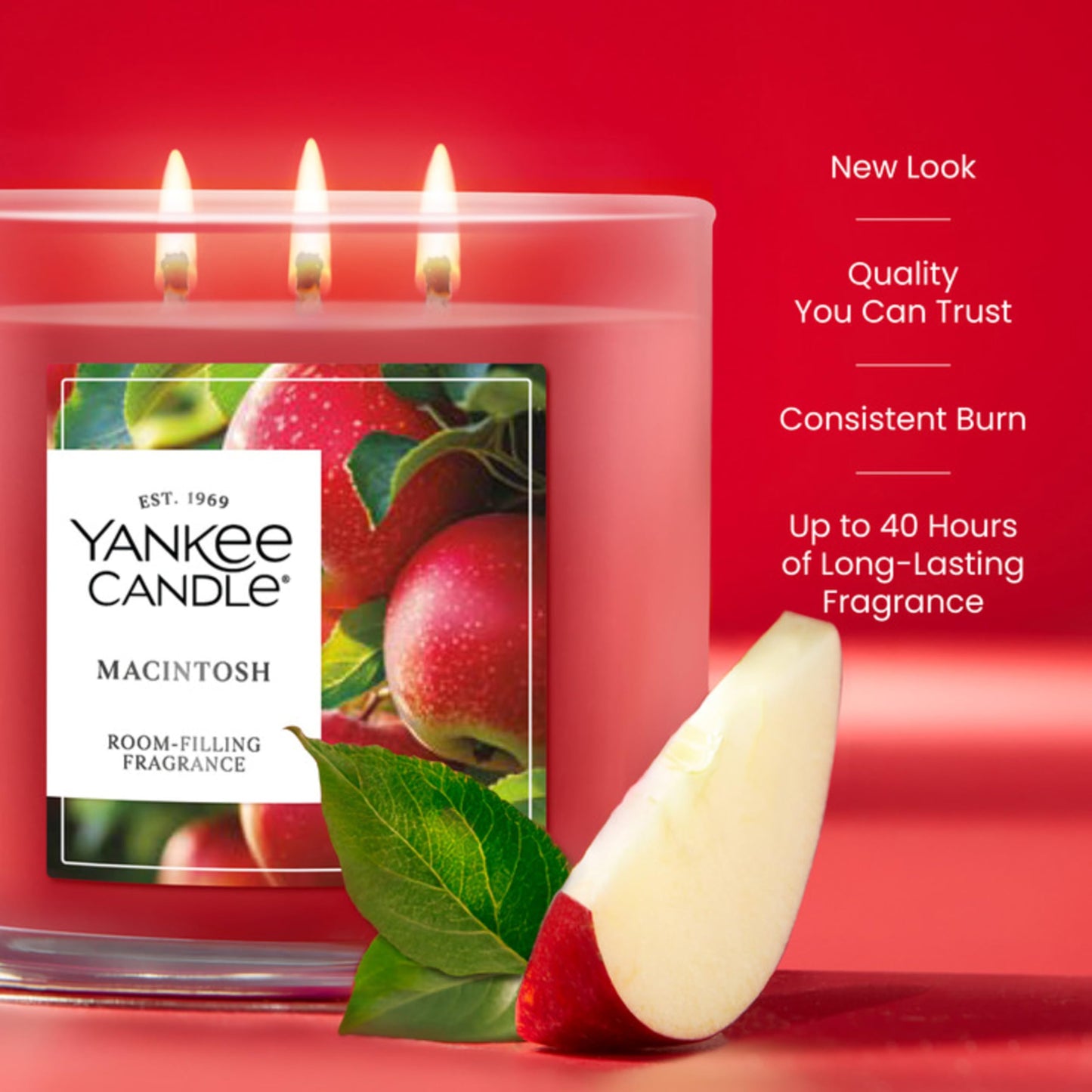 Yankee Candle Macintosh, Fall Scented Candle, 14.5oz 3-Wick Candle Jar with up to 40 Hours Burn Time