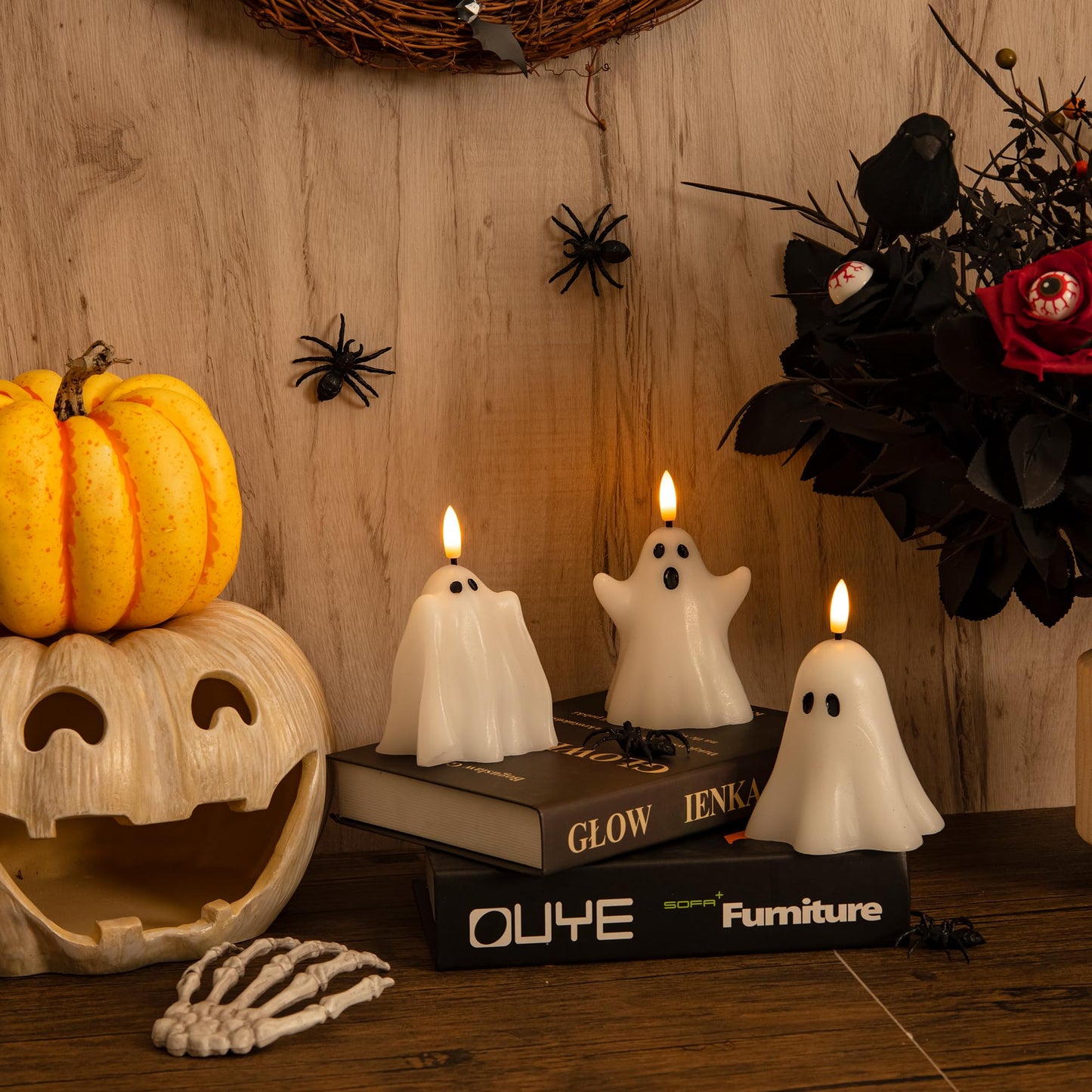 JOIONE Halloween Flameless Candles with Remote, 3D Flickering Flame Real Wax LED Battery Operated Candles, Cute Ghost Halloween Candle for Party and Home Decorations, Set of 3