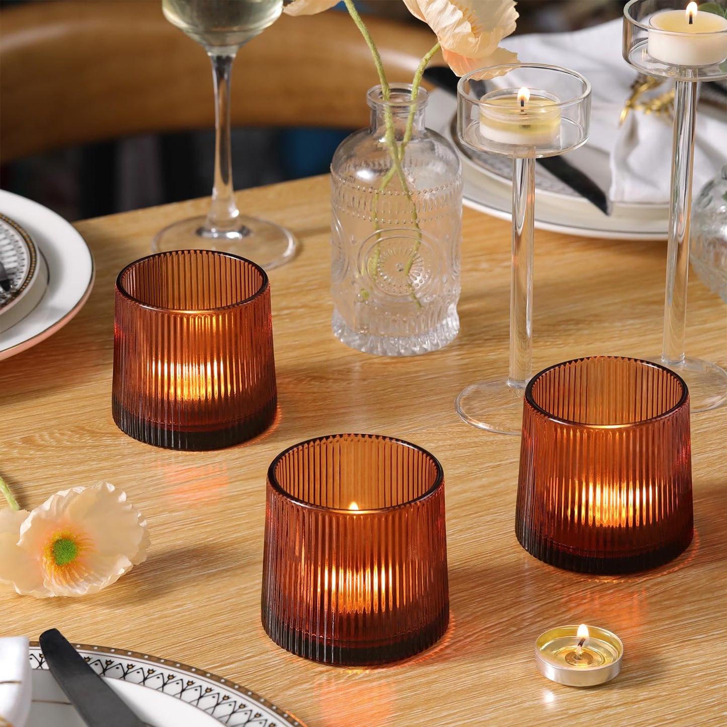 Amber Ribbed Tealight Votive Candle Holders- 6Pack Glass Candle Holders for Table Centerpiece, Home Decor, Wedding Decor, Party Dinner
