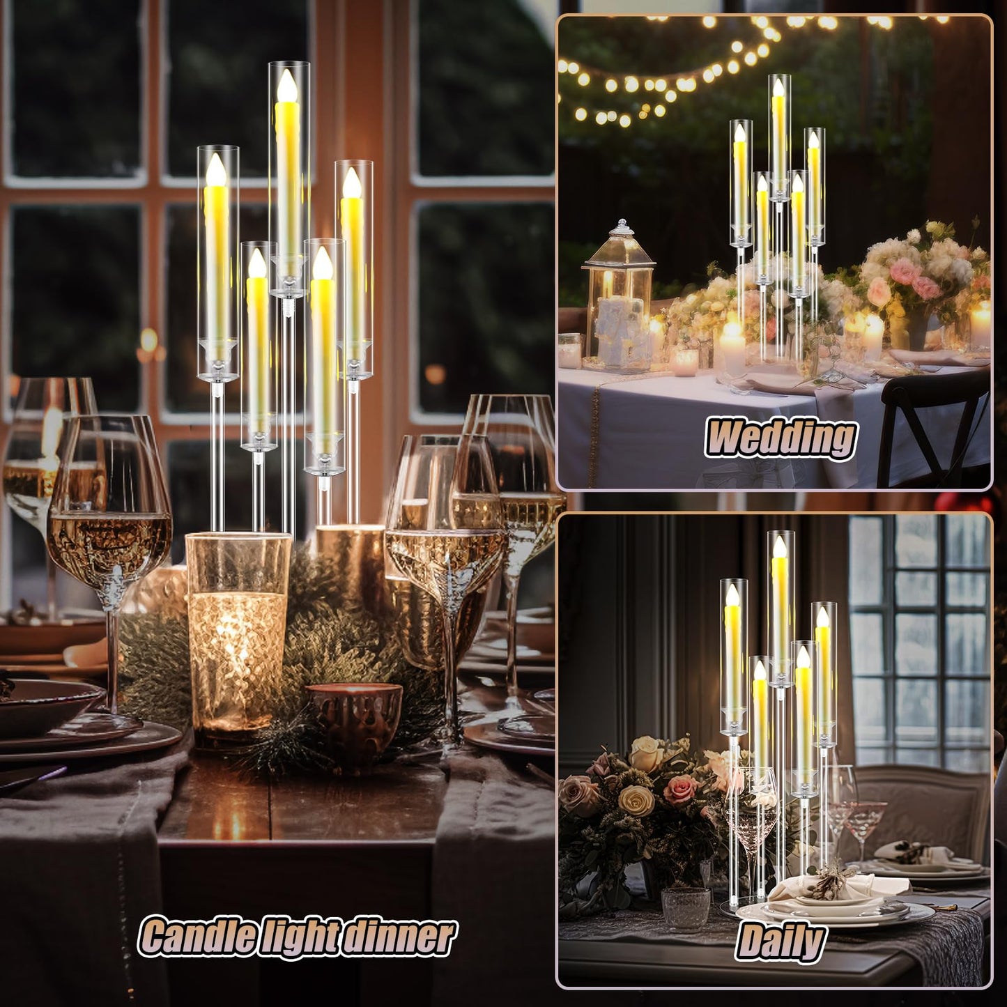 FoldTier 4 Sets 5 Arm Acrylic Candelabra Holder for Wedding Table Centerpiece 27inch Tall Floor Clear Candle Centerpieces with LED Candles and Shade for Proposal Ceremony Birthday Party Home Decor