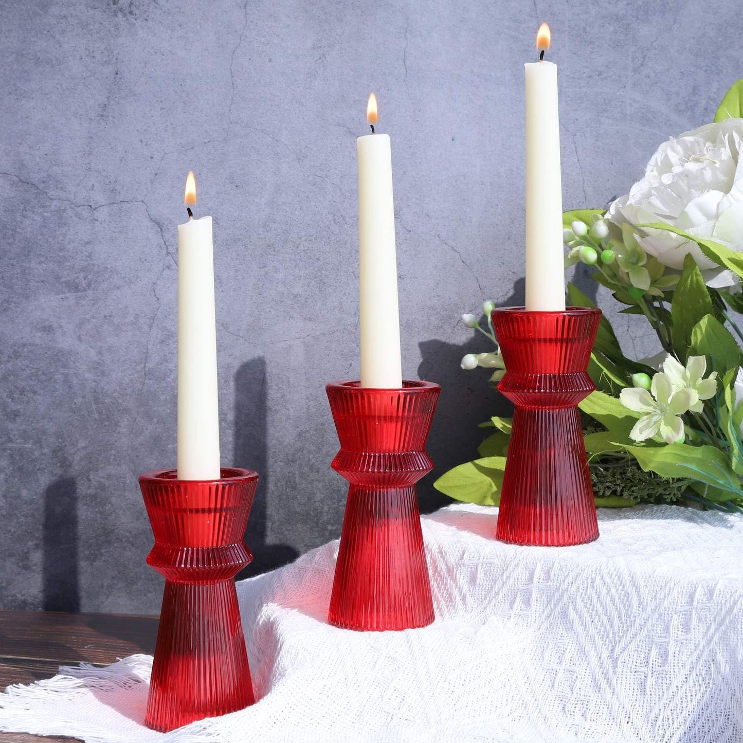 VOHO Red Candlesticks Holders for Christmas Decorations, Set of 3 Ribbed Glass Candle Holder Versatile for Taper & Tea Lights Candles, Romantic Red Taper Candle Holders for Valentines Day Anniversary