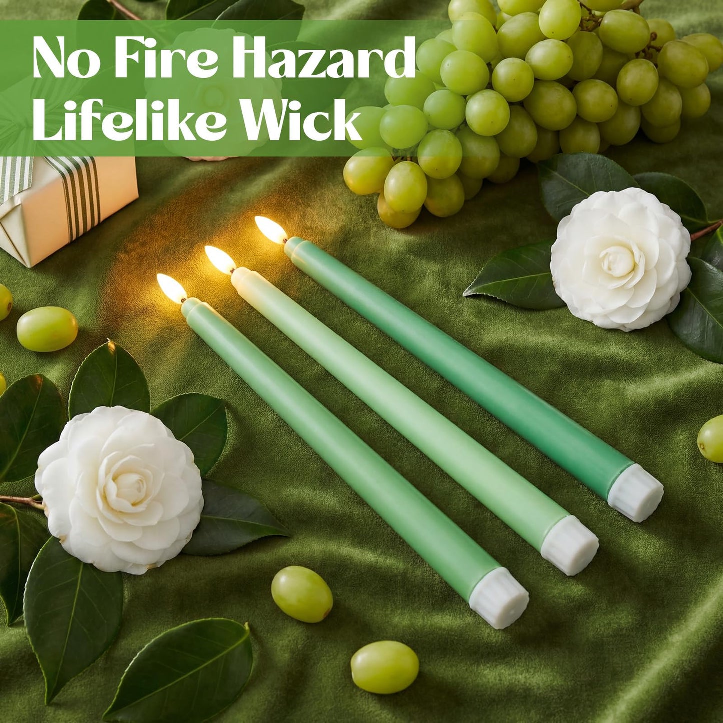 Macarrie 24 Packs Flameless Taper Candles Battery Operated Fake 11 Inch Long Candlelight LED Flameless Candlesticks Flickering Tapered for Spring Summer Wedding(Spring Green)