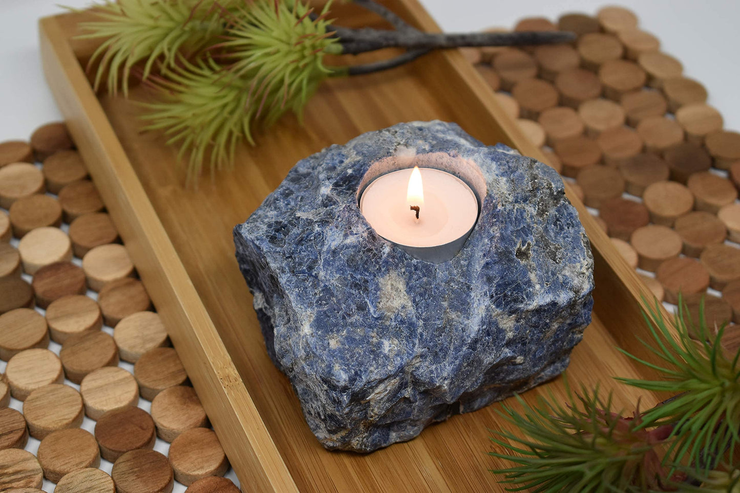 Nature’s Decorations Sodalite Votive Tealight Holder - Blue Candle Holder for Side Tables, Countertops, Living Room, & Gifting - Rectangle Sodalite Candleholder (3” x 3” x 1.5”)