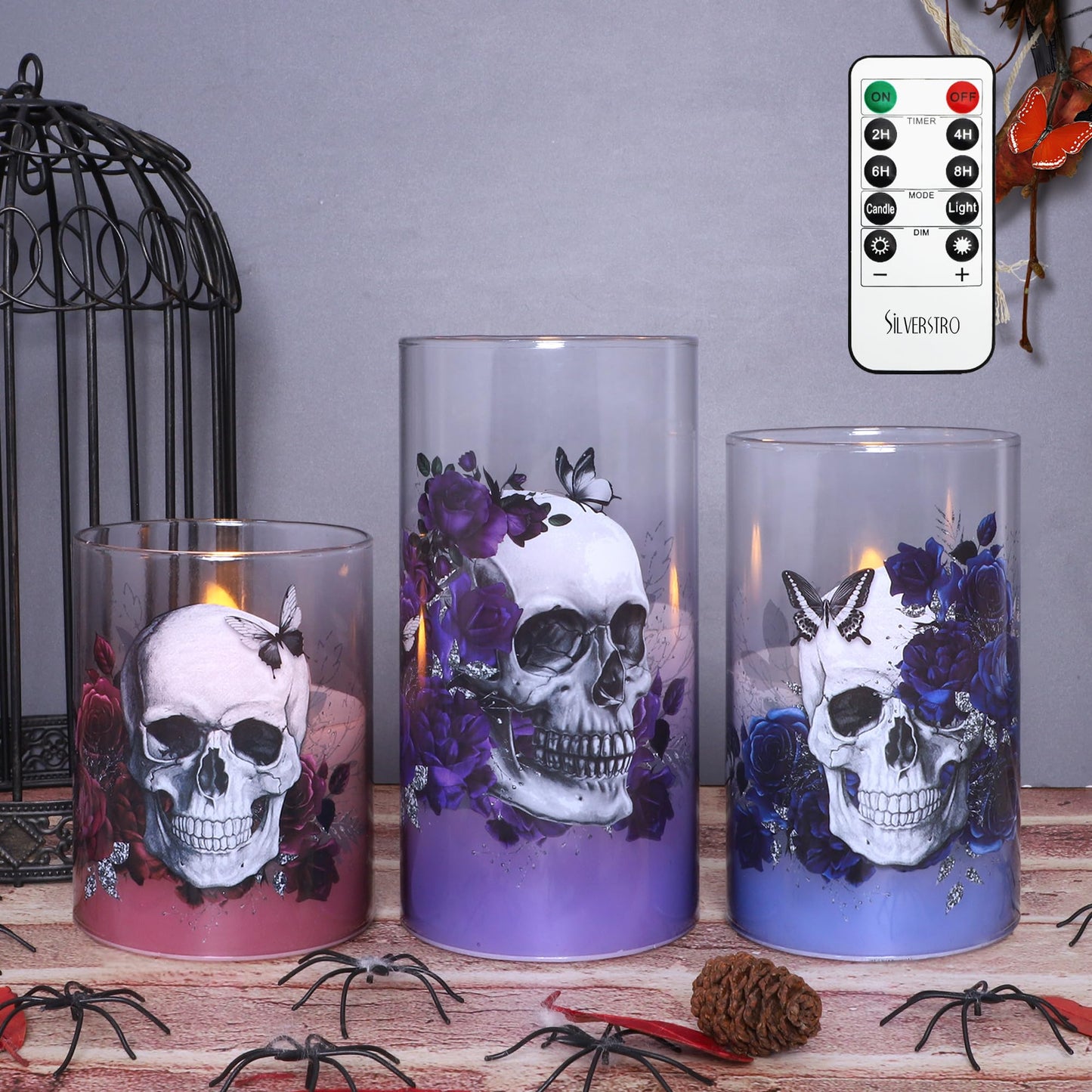 Silverstro Fall Decor LED Taper Candles with Remote Control & Timer Function, Embossed Autumn Maple Leaf Design Flameless Taper Candles for Home Party Autumn Decorations, Set of 2