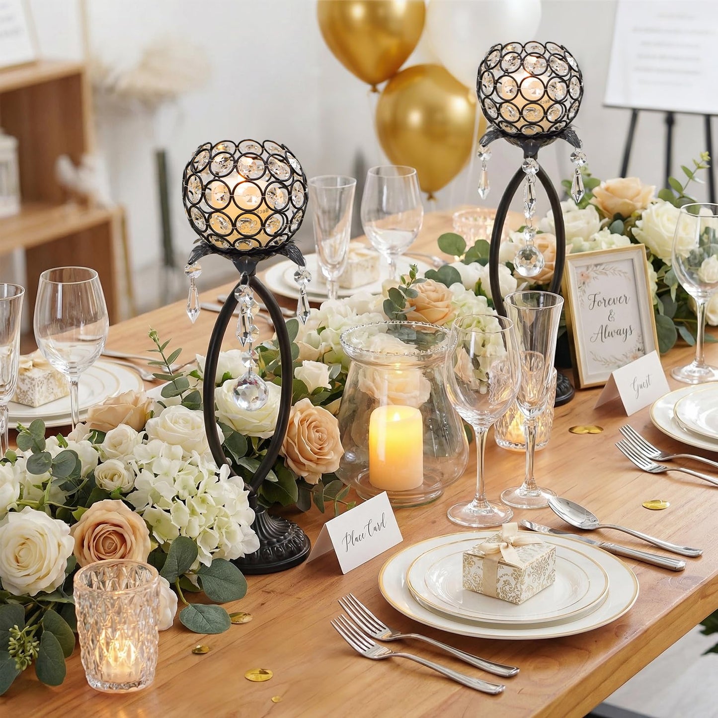 kehail 2 Pcs Elegant Metal Crystal Tea Light Candle Holders with Crystal Pendants, Hollow Design - Wedding Table Centerpieces for Anniversary Birthday Party, Home Decor (2, Black)