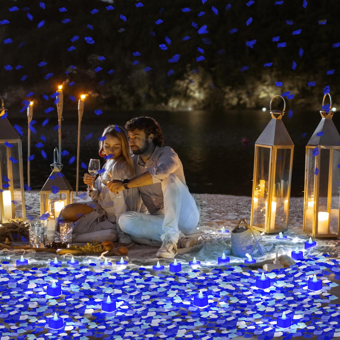 VIHOSE 4000 Pcs Artificial Rose Petals with 24 Pcs LED Tea Lights Candles Flameless LED Candles Fake Rose Petals for Wedding Birthday Party(Blue Light, Vivid Color Petal)