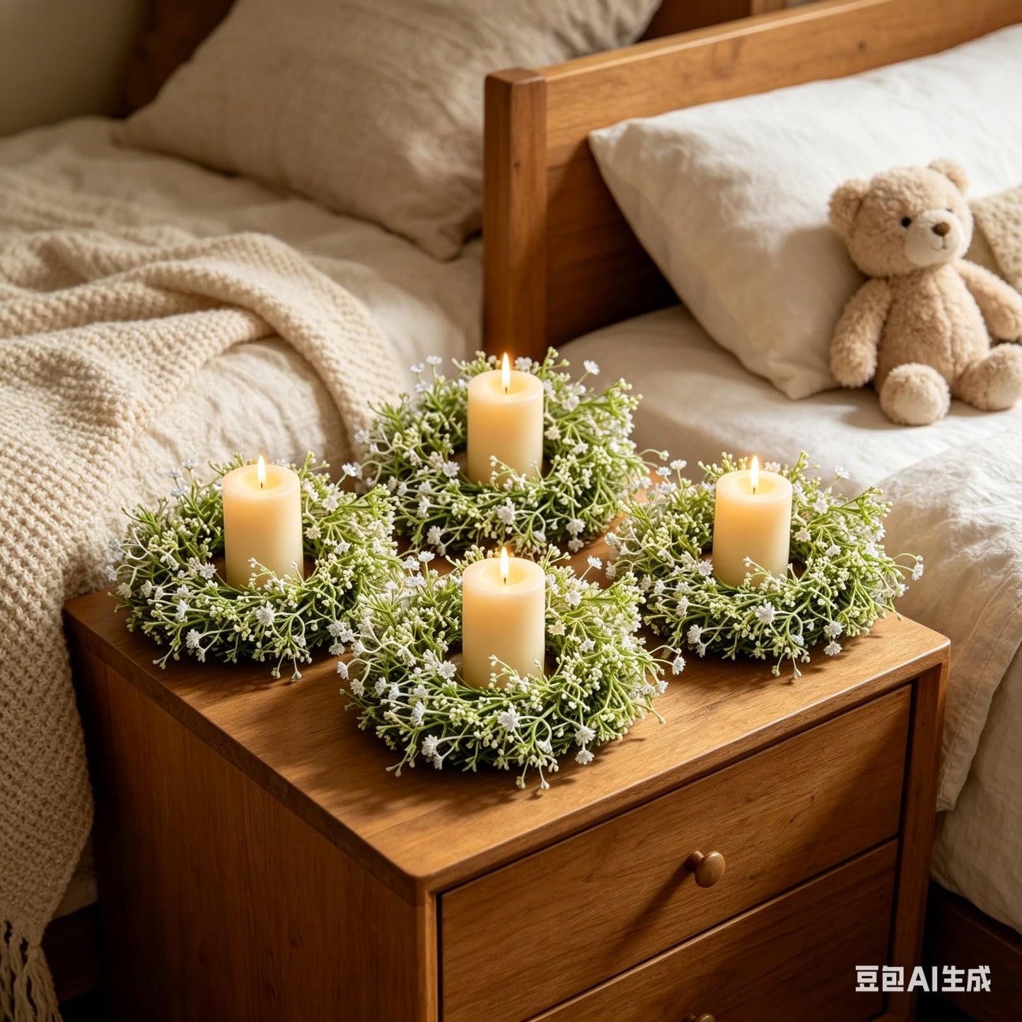 8 Pcs Mini Baby Breath Candle Rings Wreaths Gypsophila Pillar Holder Wreath Artificial Flower Spring Summer Floral Wreath for Wedding Farmhouse Porch Cabinets Table Decoration