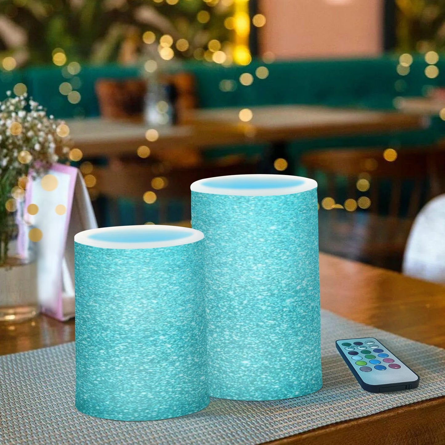 Flameless Candles Battery Operated Teal Turquoise Glitter Flickering Led Pillar Candles With Remote Control Blue Texture Print Colour Changing Warm Light Candles For Wedding Halloween Christmas