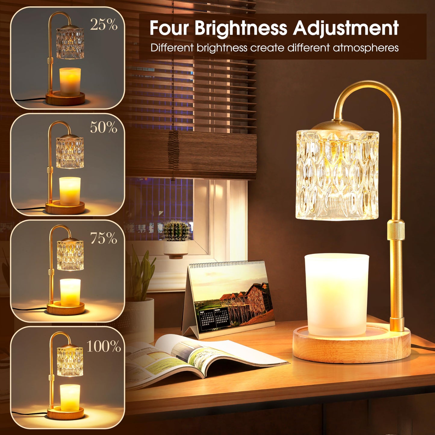 Briever Dimmable Candle Warmer Lamp with Timer, Height Adjustable Electric Candle Wax Warmer, Christmas Birthday Gifts for Women Mom, House Warming Gifts New Home Room Decor, Solid Wood Base