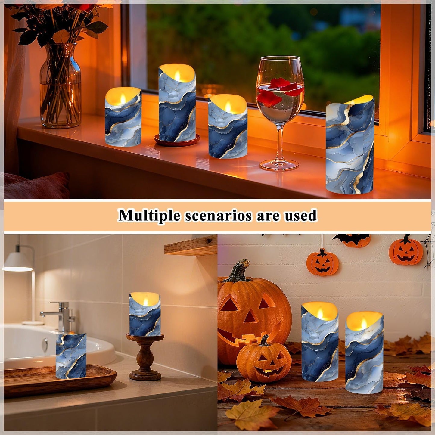 famyily Safe Indoor Decor Fake Candles with Timer 2/4/6/8H Battery Operated Candles for Bathroom Vanity 5.9x3in - Marble Silver Navy Blue