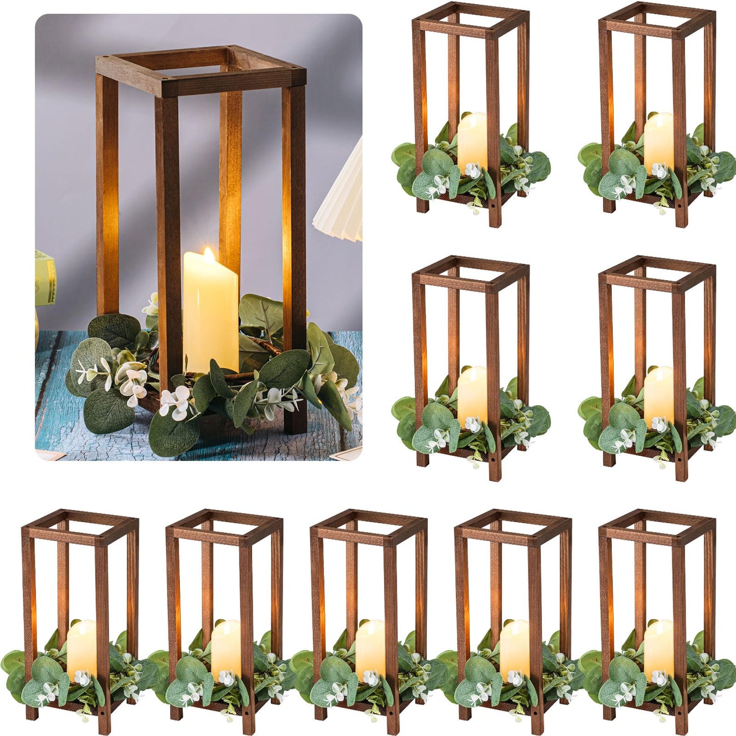 Geelin 10 Pcs Wooden Wedding Lantern Centerpiece Candle Lantern Table Wooden Candle Holder Decorative for Wedding Party Table Valentine Decor(13 in,Brown)