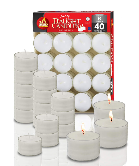 Ner Mitzvah Long Lasting Tealight Candles - 6 Hours - White in Clear Cups - Unscented - 40 Pack - Made in EU