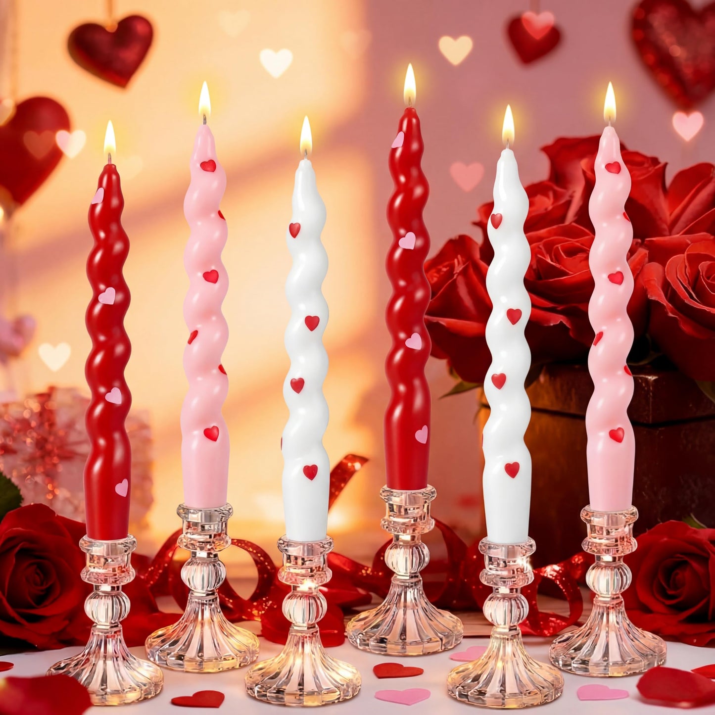 Threlaco 12 Pcs Valentine Spiral Twisted Candles 10 Inch Heart Twisted Taper Candle Red Pink White Unscented Swirl Candlesticks for Wedding Anniversary Holiday Dinner Table Home Kitchen Party Decor
