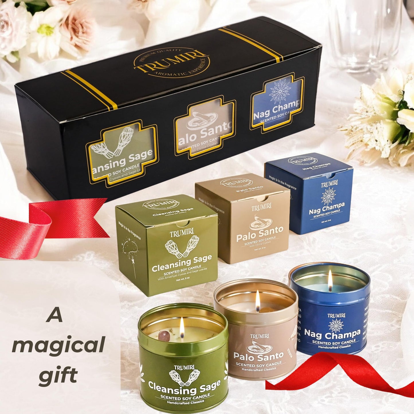 Cleansing Sage, Palo Santo, Nag Champa - Soy Candles Non Toxic - Highly Scented Long Lasting with Essential Oils - Variety Pack of 3 x 5oz - for Home Aromatherapy Meditation Gift Travel