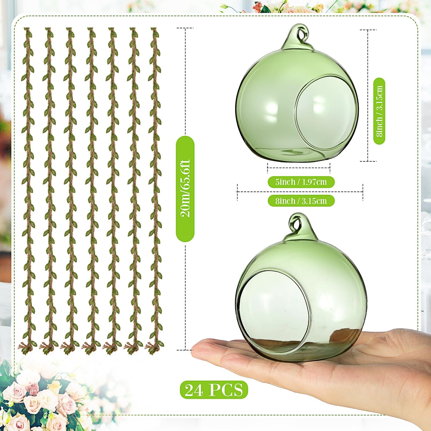 GlikCeil 26 Pcs 3.15'' Hanging Glass Candle Holder with Burlap Leaf Ribbon, Glass Orbs Air Plants Tea Light Candle Holders, Globe Plant Terrariums for Decor Indoor Outdoor Garden DIY (Green)