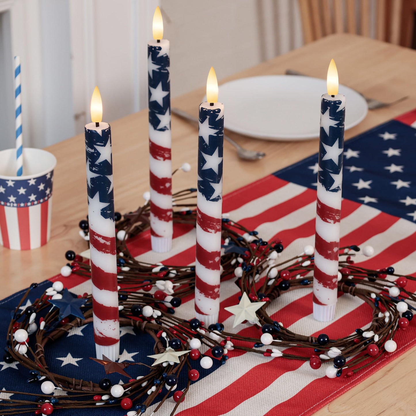 SEHNSY 4th of July Flameless Taper Candles with Remote and Timer, Real Wax Red White and Blue American Flag LED Candles, 250th Anniversary Patriotic Battery Operated Taper Candle Set