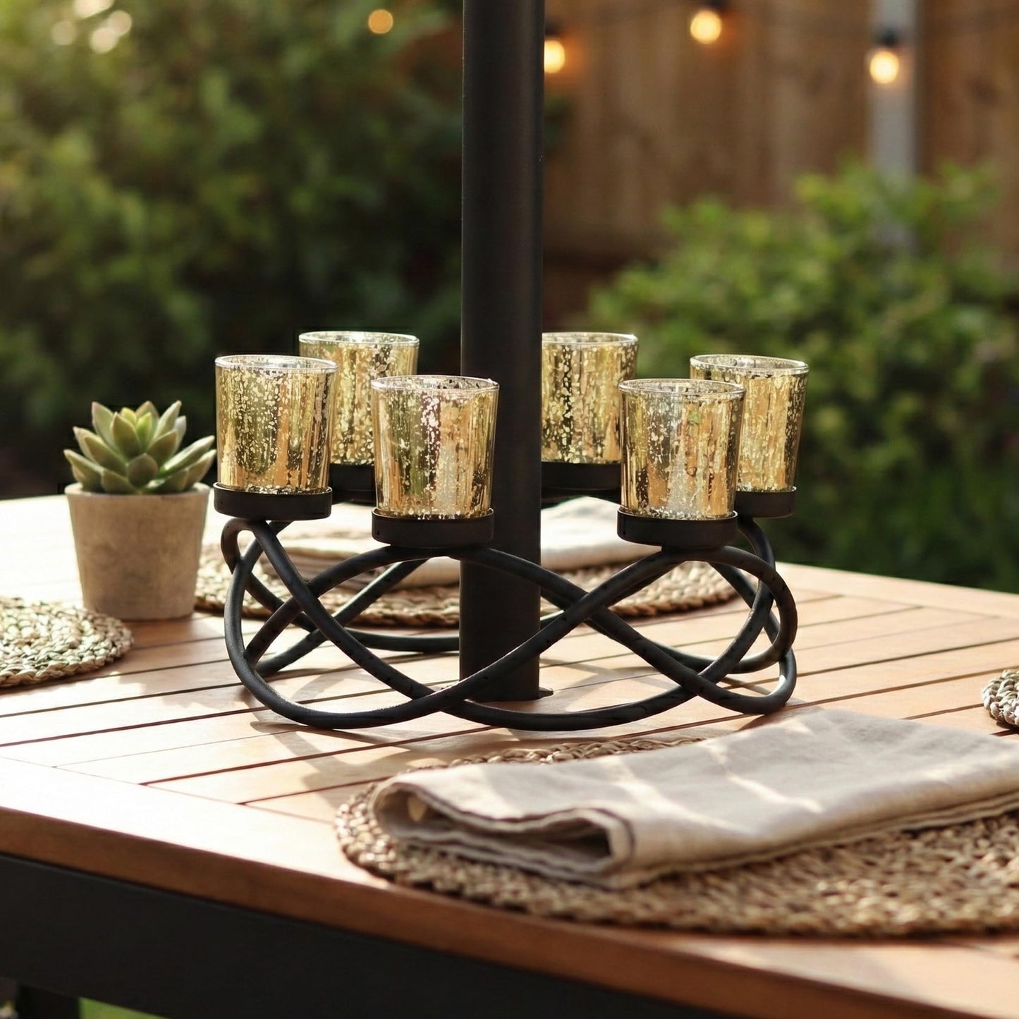 Seraphic Centerpieces for Table Decorations - Round Candle Holders for Outdoor Patio, Dining, Kitchen, Coffee & Wedding Table Decor, Black Iron Candelabra, 6 Gold Glass Votive Tealight Cups