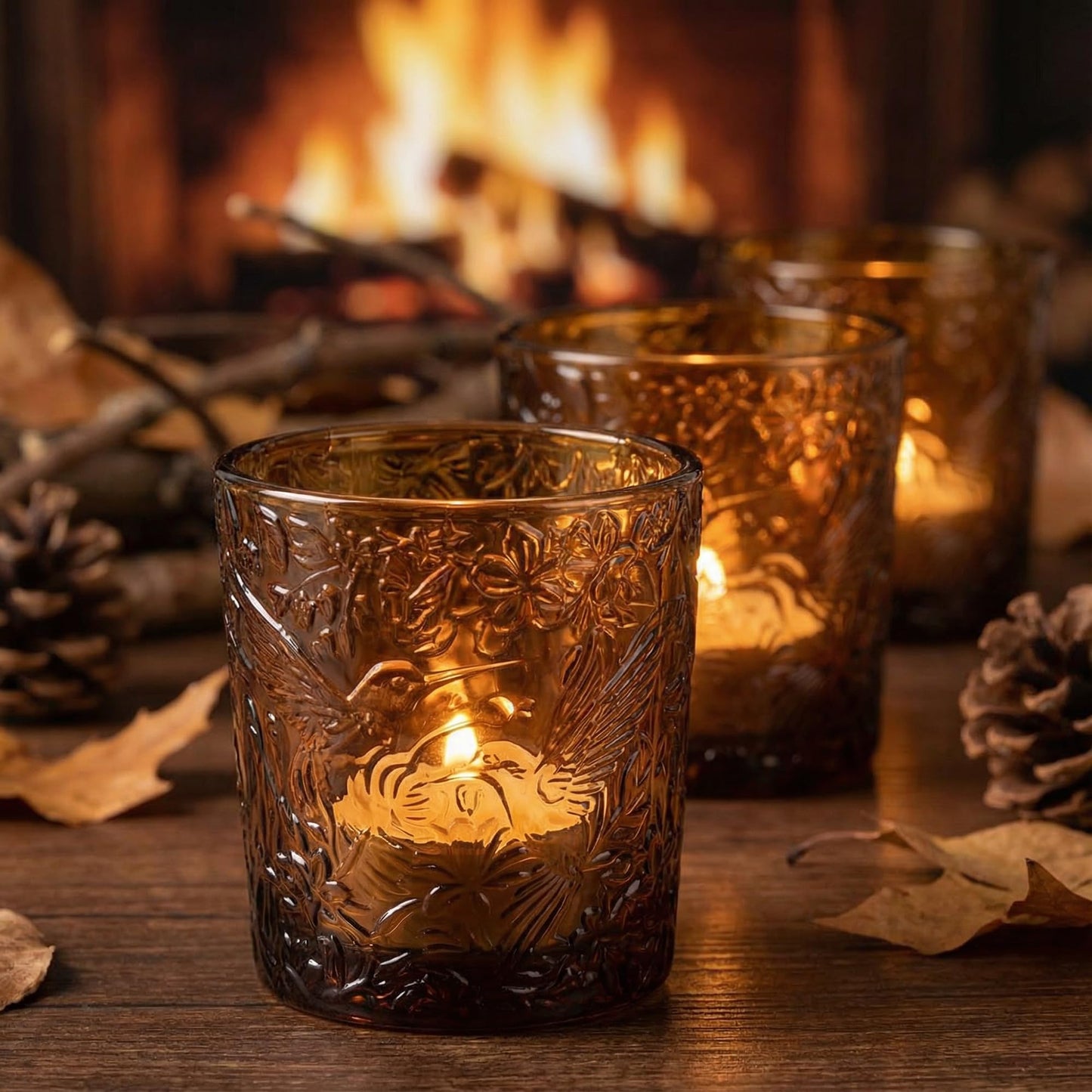 6 Pack Hummingbird Embossed Glass Candle Holders Votive Tealight Holders with Patent Design, Decorative Glass Cups for Wedding Centerpieces, Parties, and Home Decor (Chestnut Brown)
