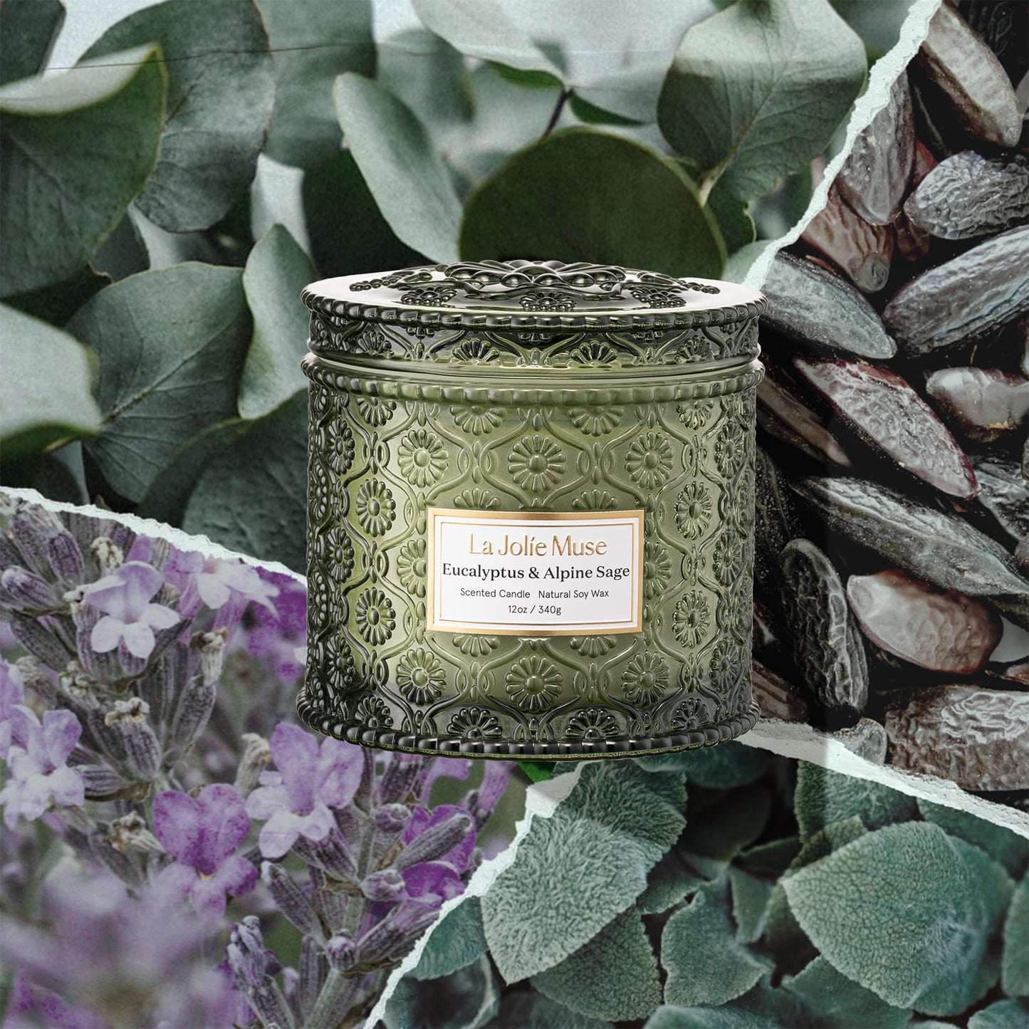 LA JOLIE MUSE Eucalyptus & Alpine Sage Scented Candle | Eucalyptus, Sage, Lavender | 12 oz Double Cotton Wick Soy Candle | 60 Hours Clean Burn | Daily Relaxation & Cozy Ambiance | Elegant Home Decor