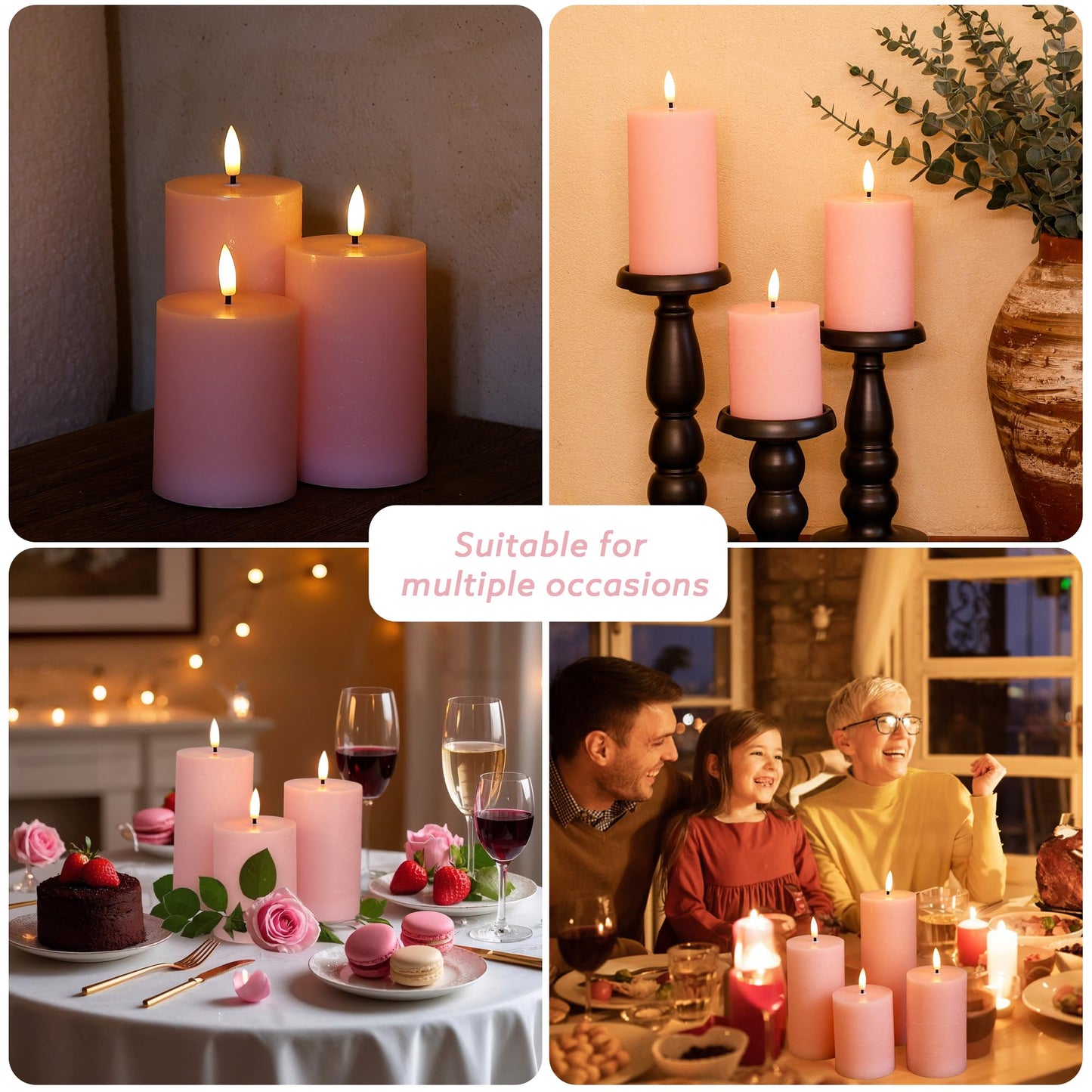 AFINETH Pink Flameless Pillar Candles, Real Wax Battery Operated Candles with Remote, Flat Top Flickering Flameless Candles, LED Candles for Home Party Wedding Romantic Night Decor, Set of 3