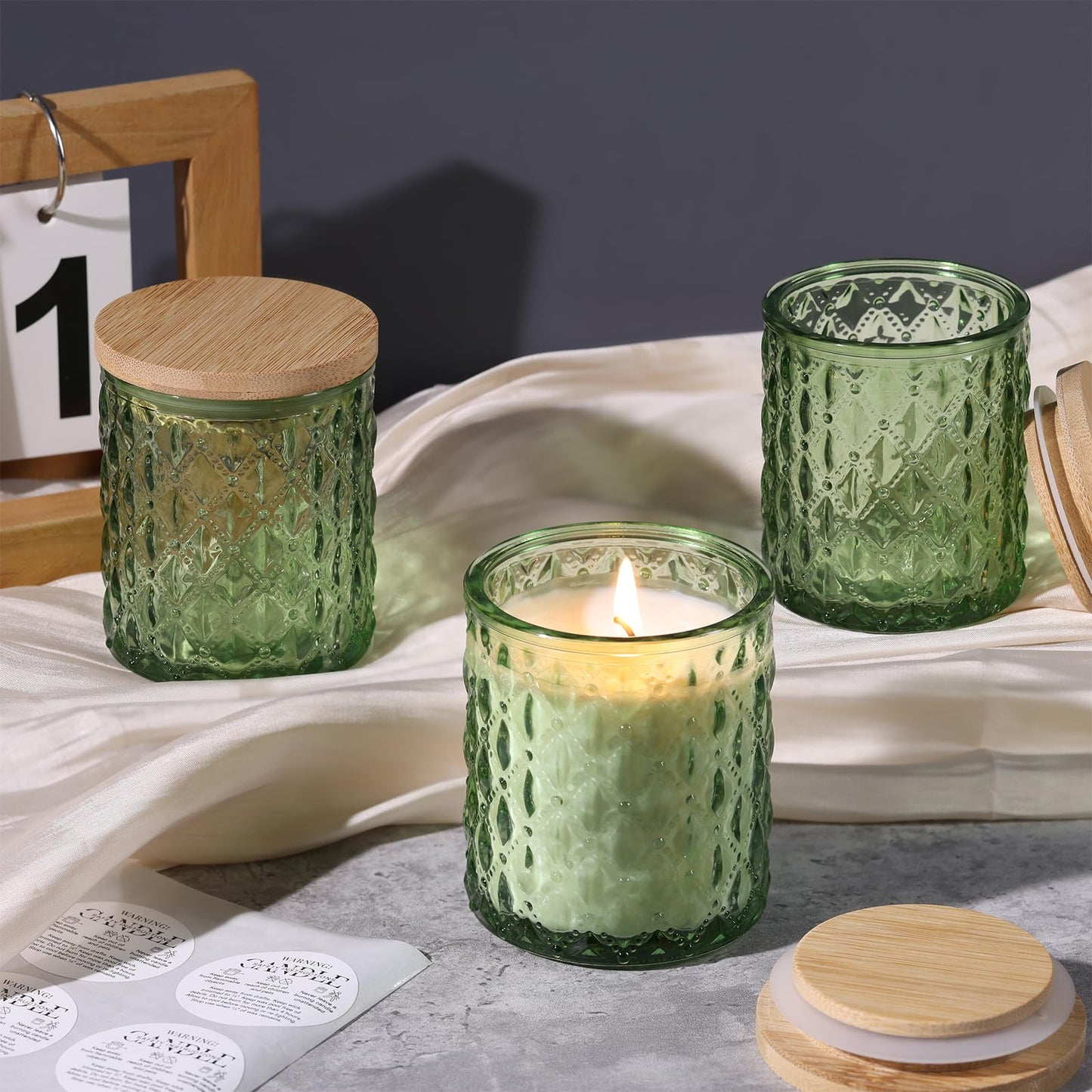 NITIME 15pcs 7.5oz Green Candle jars for Making Candles, Glass Candle Vessels With Bamboo Lids and Sticky Labels, Candle Containers for Making Candles and Candle Making Supplies