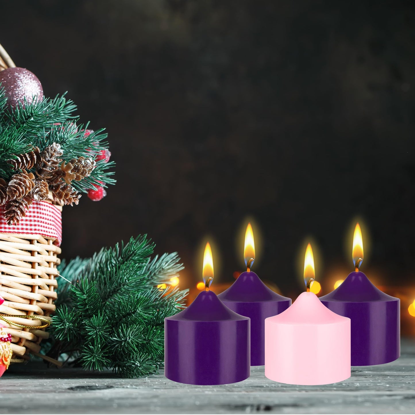 Mega Candles 4 pcs Unscented Christmas Advent Candles Set, Hand Poured Premium Wax Bell Top Round Pillar Candle 3 Inch x 3 Inch, Holidays, Festivities, Devotional, Church, Wreath, Party, Gifts
