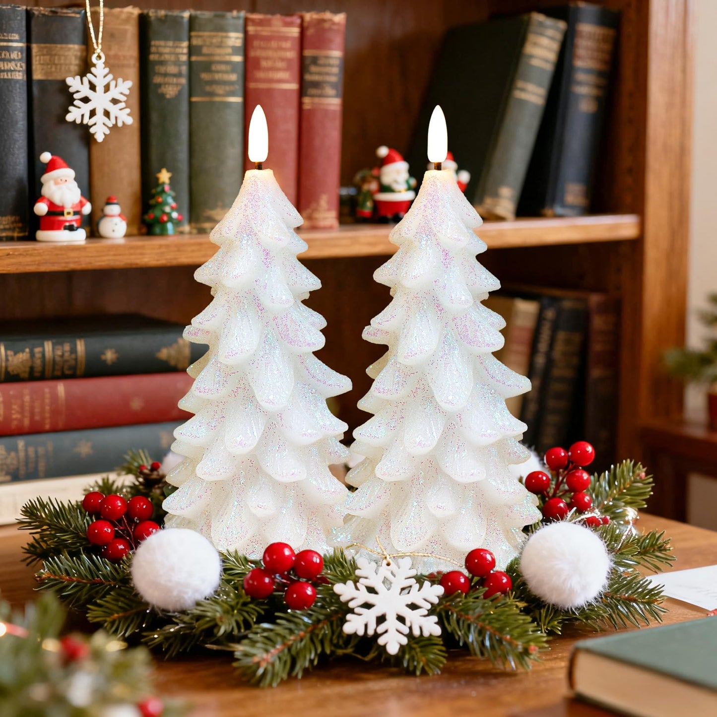 Lumeavetra Glittering Christmas Tree Shaped Flameless Candles, Flickering Real Wax Battery Operated LED Candles with Timer for Holiday Home Party Decorations, Set of 2