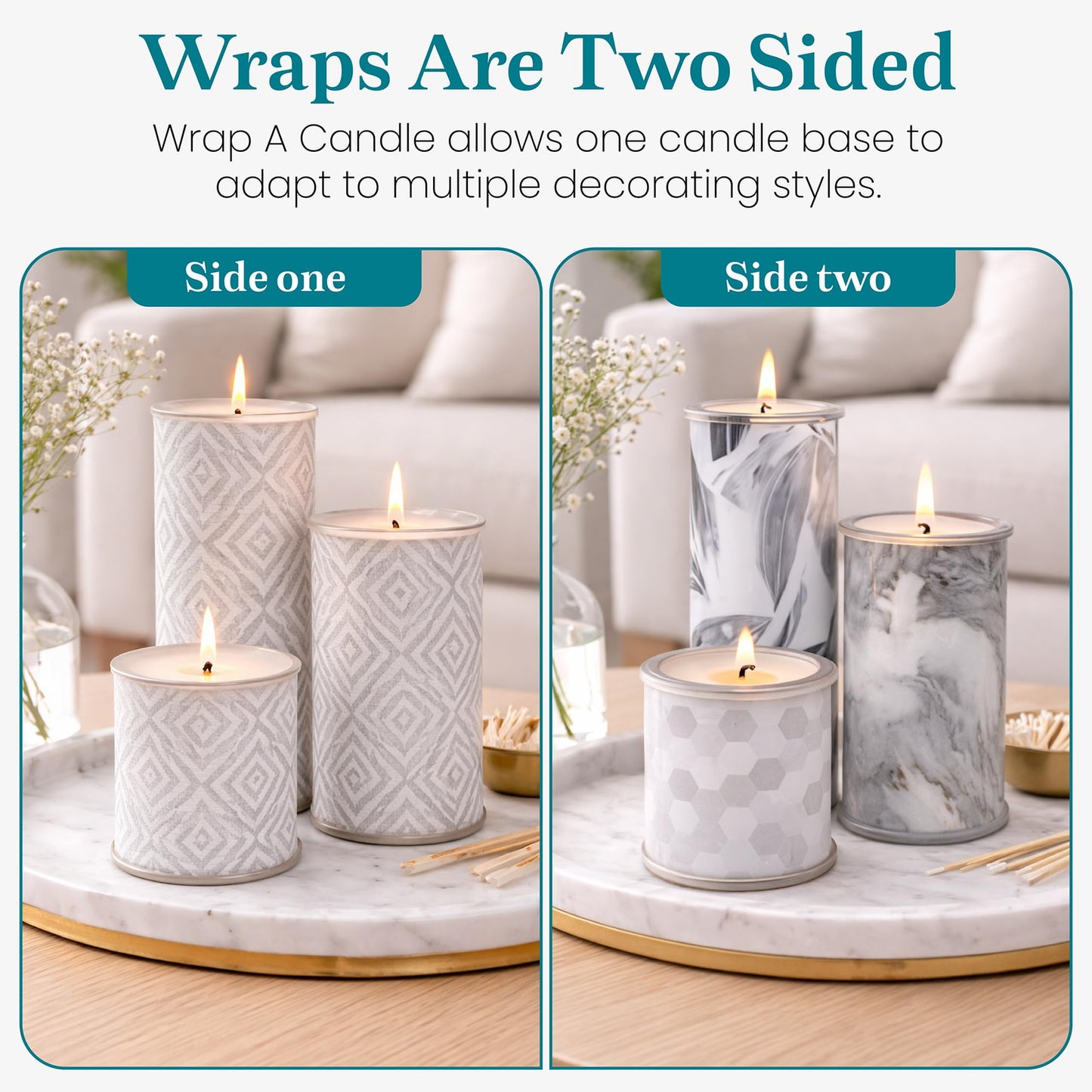 Decorative Candle Holder Set of 3, Table Centerpiece Candles for Home Decor, Reusable Pillar Candle Alternative with Interchangeable Wraps, Refillable Tea Light System, Giftable Holiday Decor Accent