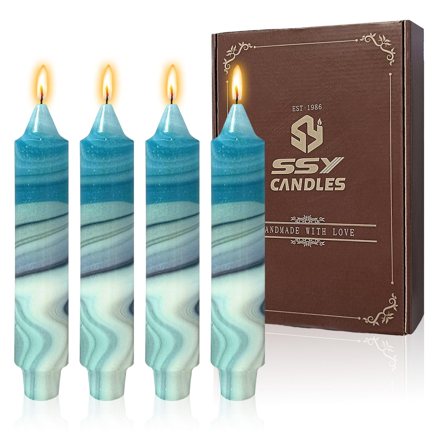 7 inch Short Candle Blue Quicksand Print Candle 4 Pack Handmade Unscented Taper Candles Printed Candlestick Smokeless Tapered Candles for Home Dinner Wedding Holiday
