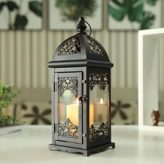 JHY DESIGN Gothic Decorative Candle Lantern 15''High Metal Candle Lanterns Vintage Style Hanging Lantern for Indoor Outdoor Events Parities Weddings Halloween(Black with Red Brush)
