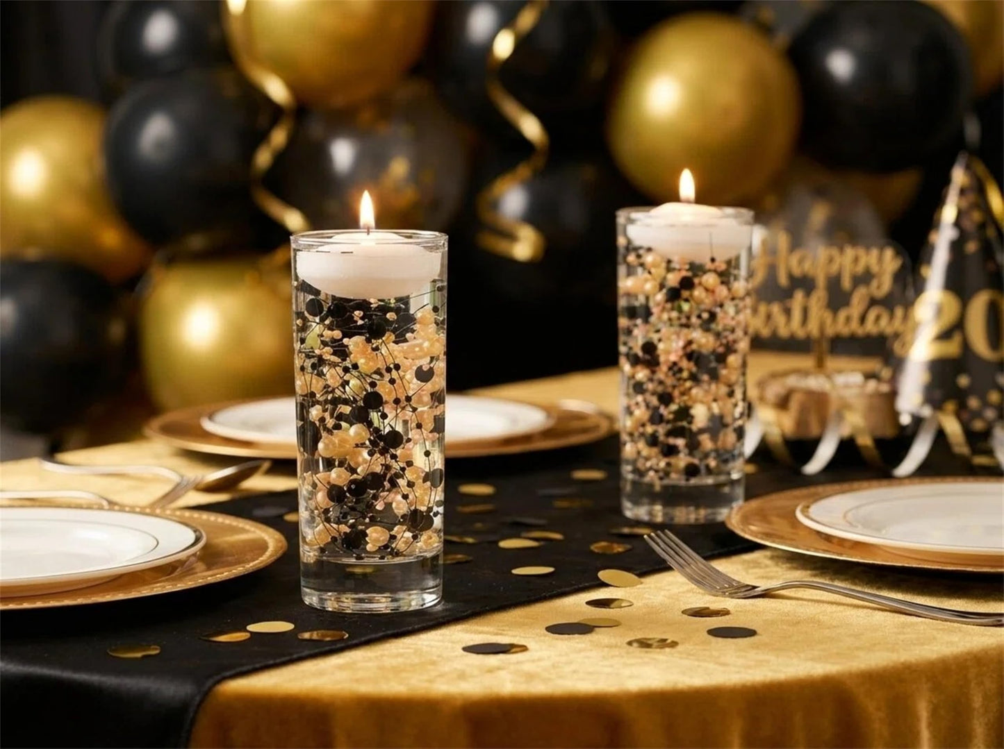 YATOJUZI 30 PCS Artificial Pearl String Black Gold Vase Filler Floating Pearls for Vases Centerpieces Faux Pearl Beads String Decorations Holiday Wedding Anniversary 50th Birthday Party Decor