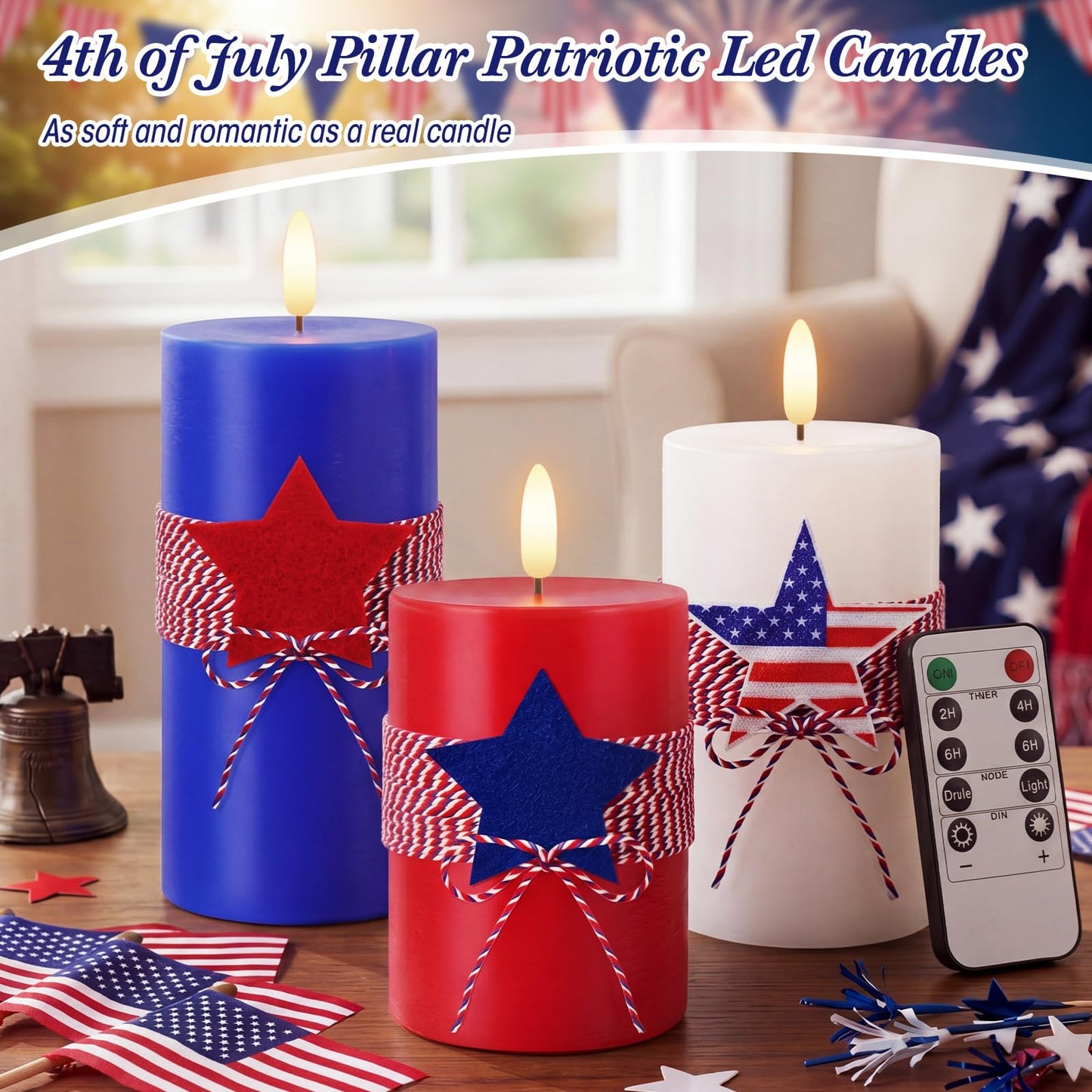 4th of July 4" 5" 6" Flameless Pillar Candles with Remote, Set of 3 Patriotic Red White Blue Battery Operated LED Candle with Star Felt, Independence Day Decorations for Home Party Table Fireplace