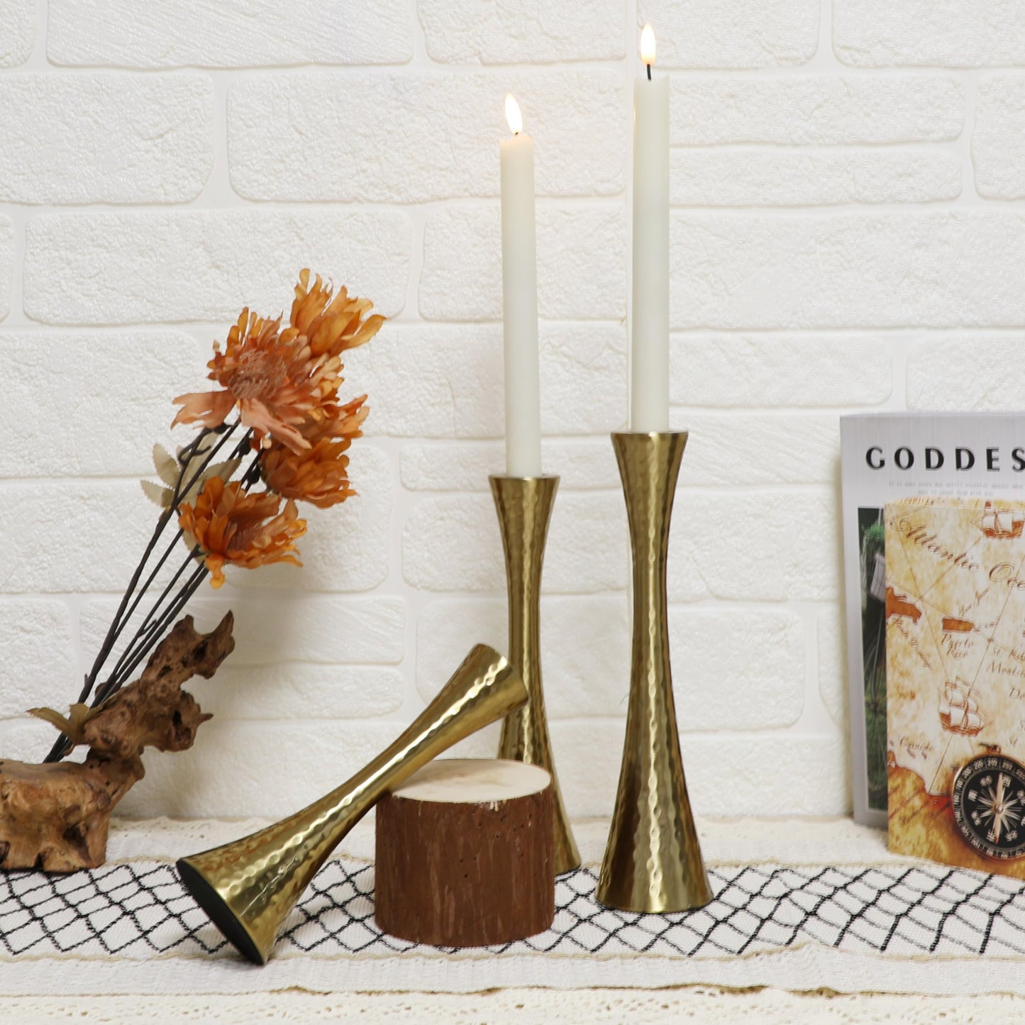Taper Candle Holders Metal Candlestick Holders Set of 3 Table Mantel Decorative Candle Stand for Dinning,Party，Wedding,Home Decor(Brass Gold)