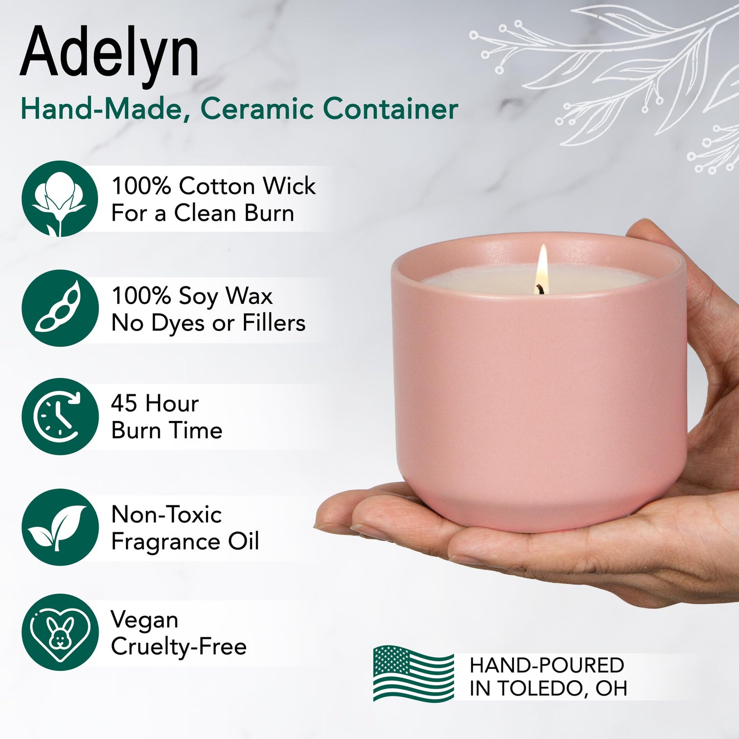 The Growing Candle, Unscented Fragrance Free Candles, 8oz Ceramic Pot, 100% Soy, Adelyn