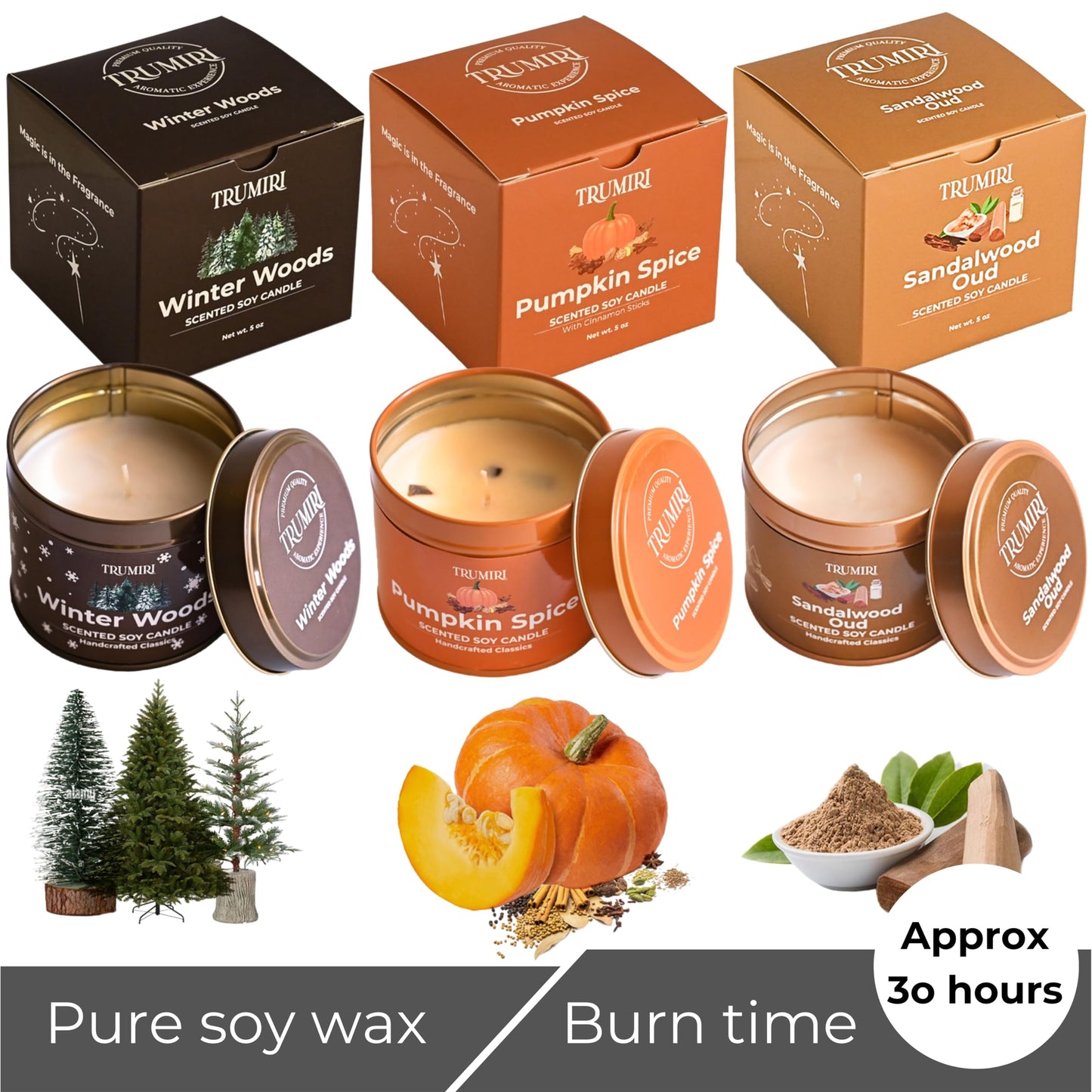 Winter Woods, Pumpkin Spice, Sandalwood Oud - Soy Candles Non Toxic - Highly Scented Long Lasting with Essential Oils - Variety Pack of 3 x 5oz - for Home Aromatherapy Meditation Gift Travel